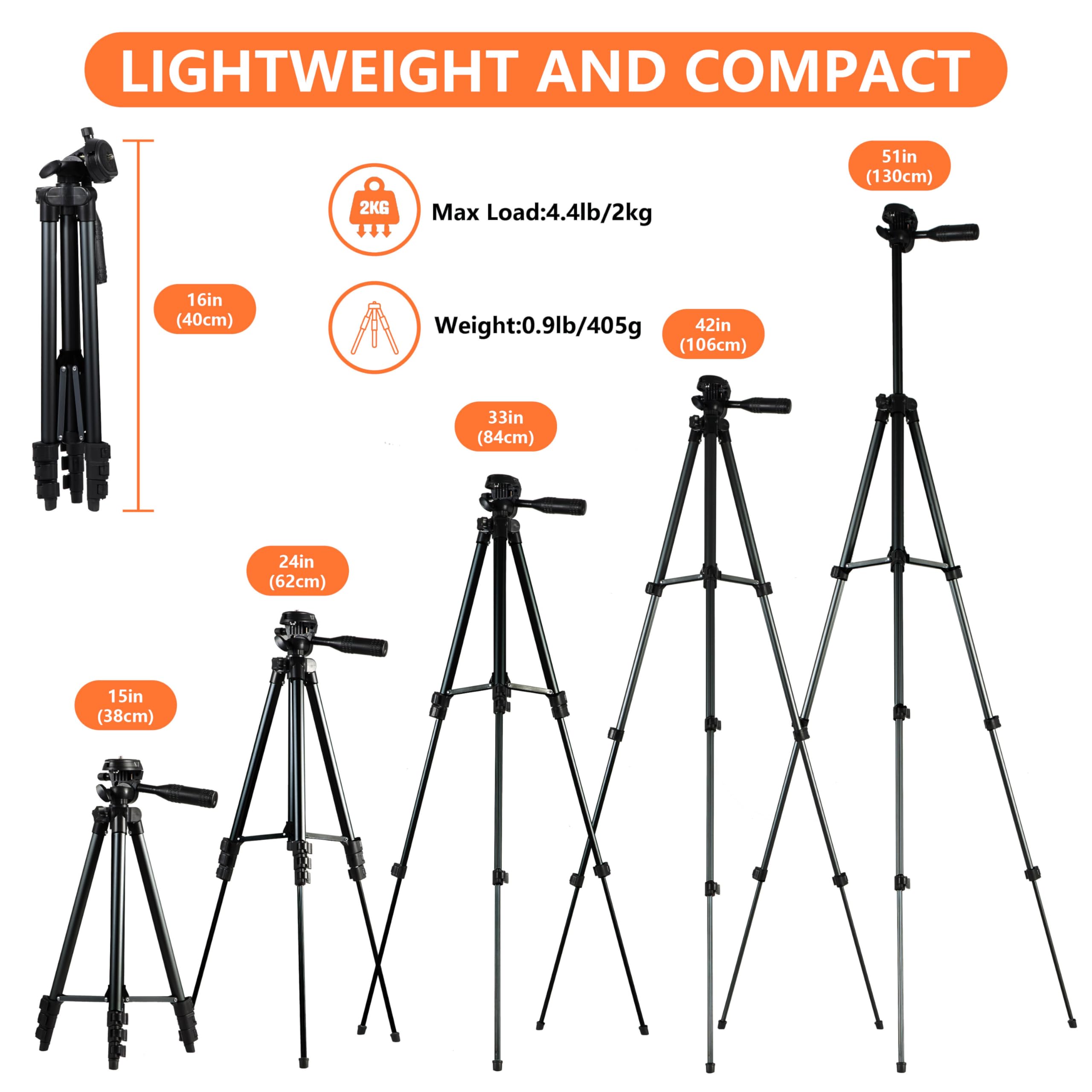 Polarduck Laser Level Tripod Phone Stand: 51-Inch 130Cm Aluminum Lightweight Tripod With 1/4" Screw Mount And Bubble Level For Rotary And Line Lasers Measuring Tools, Carry Bag Included Matte Black