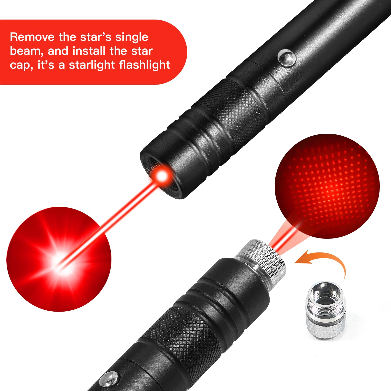 Beaboy Red Light Flashlight, High Power Long Range With Star Cap Adjustable Effect, Rechargeable Red Beam Light Flashlight For Outdoor Journeys, Presentations, Tv/Led/Lcd Screens, And Stargazing
