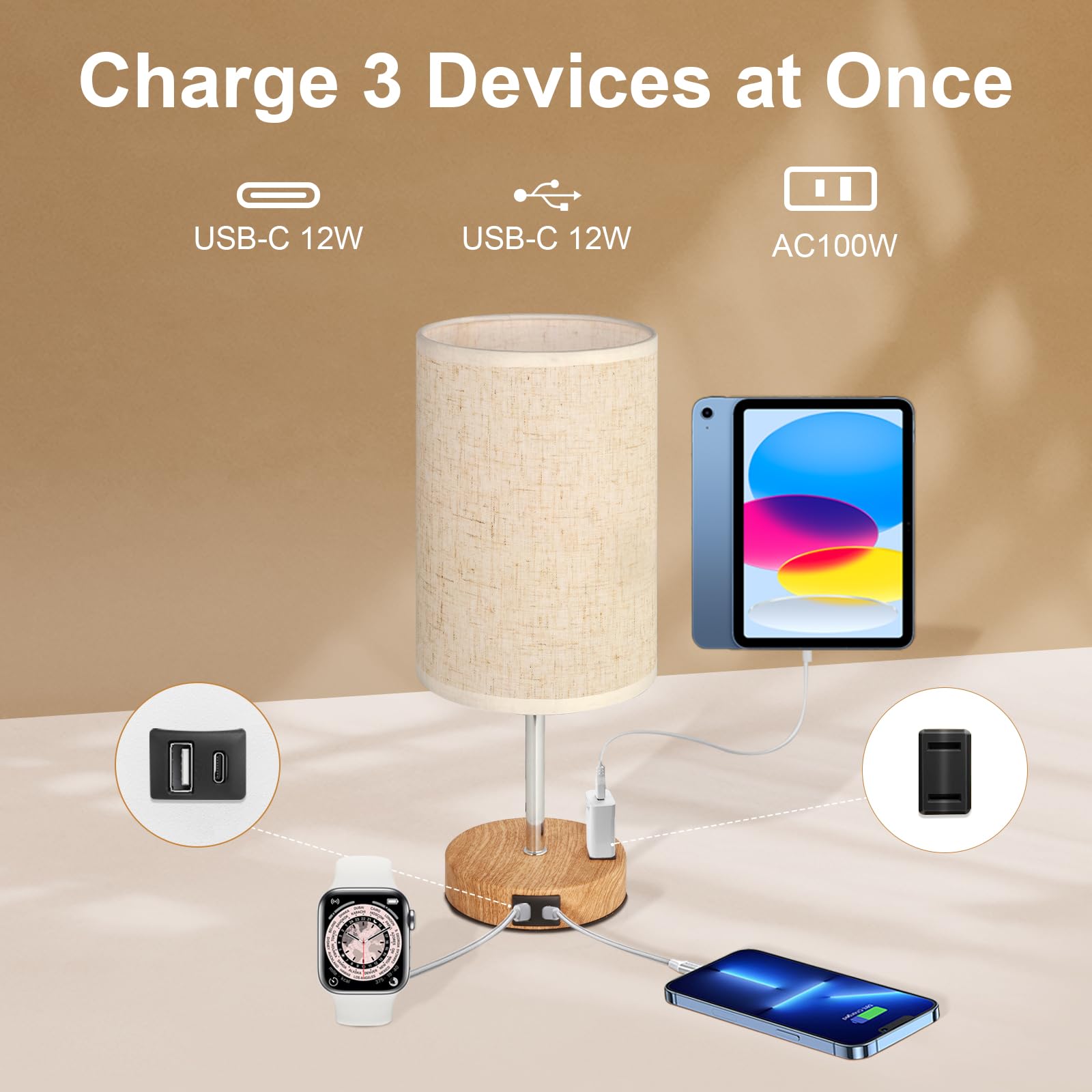 Novus Lighting Touch Table Lamp - 3 Way Dimmable Bedside Table Lamp With Usb-C Usb-A And Ac Charing Ports Wood Grain Base With Linen Lampshade E26 Bulb Included (Birch Wood Grain)