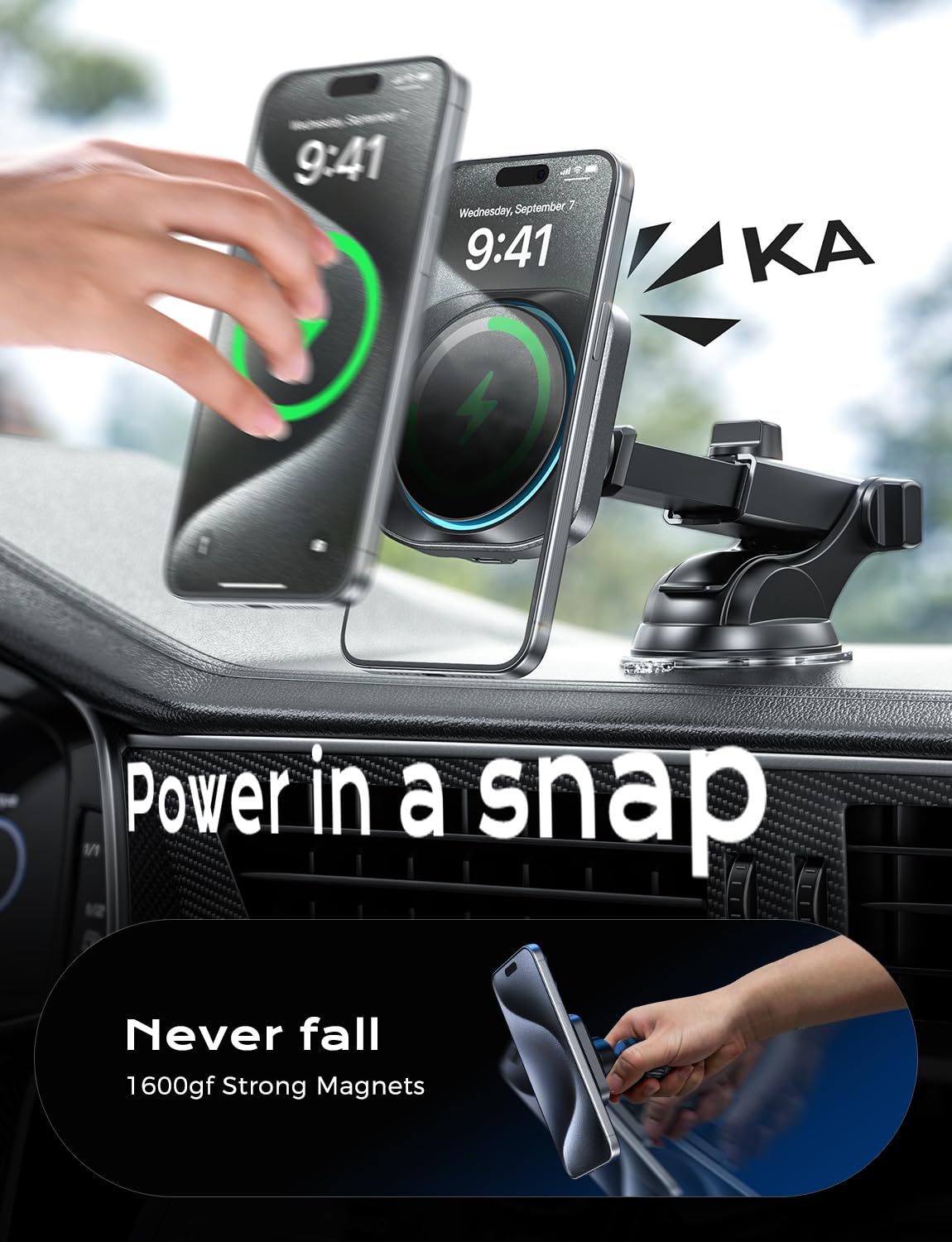 Chgeek For 15W Magsafe Car Mount Charger, Iphone Wireless Car Charger Magnetic Car Phone Holder Mount Fit Iphone 16 15 14 13 Magsafe Case, Vent/Windshield/Dash Phone Mount Holder Fast Cooling Charger