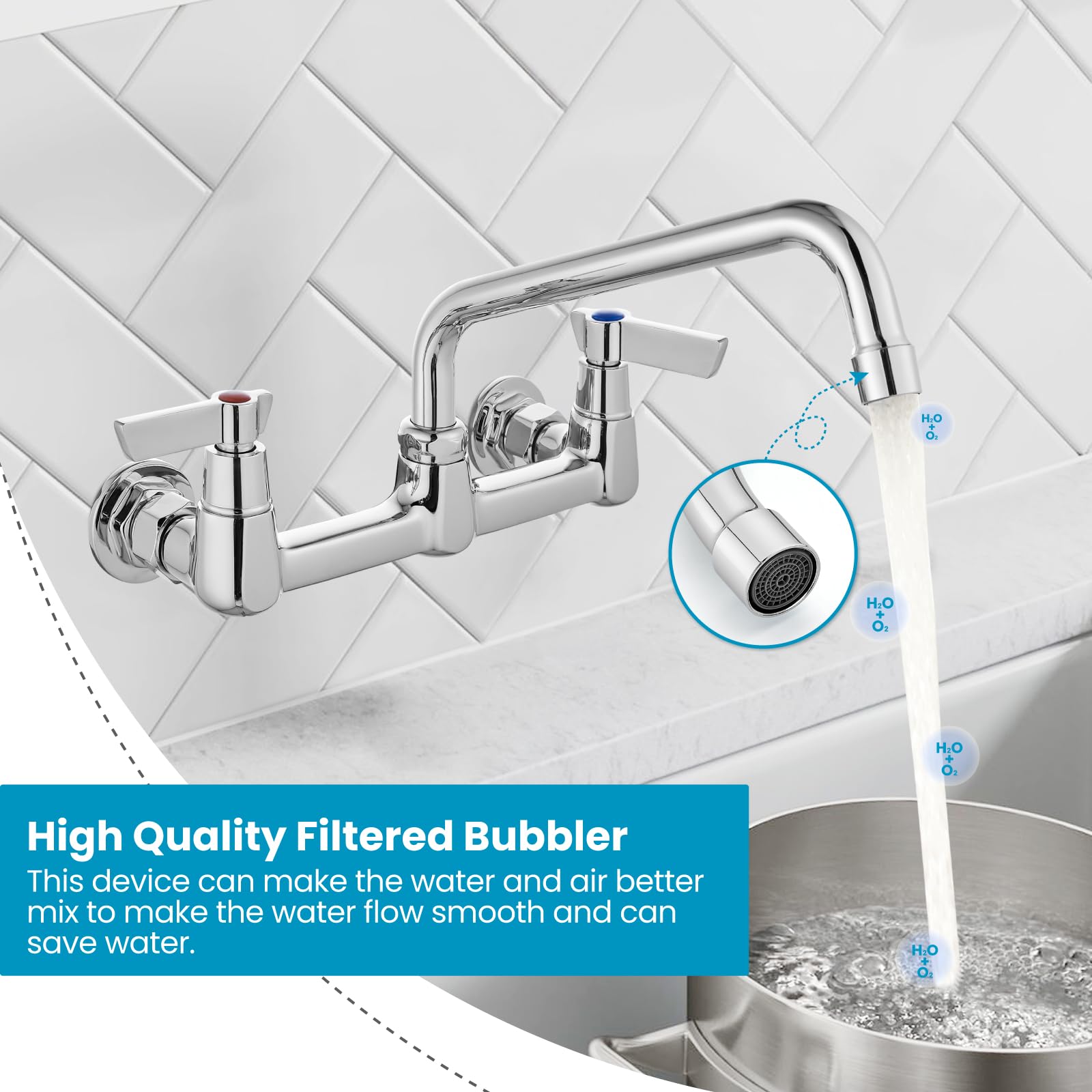 Gotonovo Wall Mounted Kitchen Sink Faucet 8 Inch Center Commercial Kitchen Faucet With 9" 360° Swivel Spout 2 Handles Restaurant Mixer Utility Tap Laundry Faucet Without Adapters, Polish Chrome