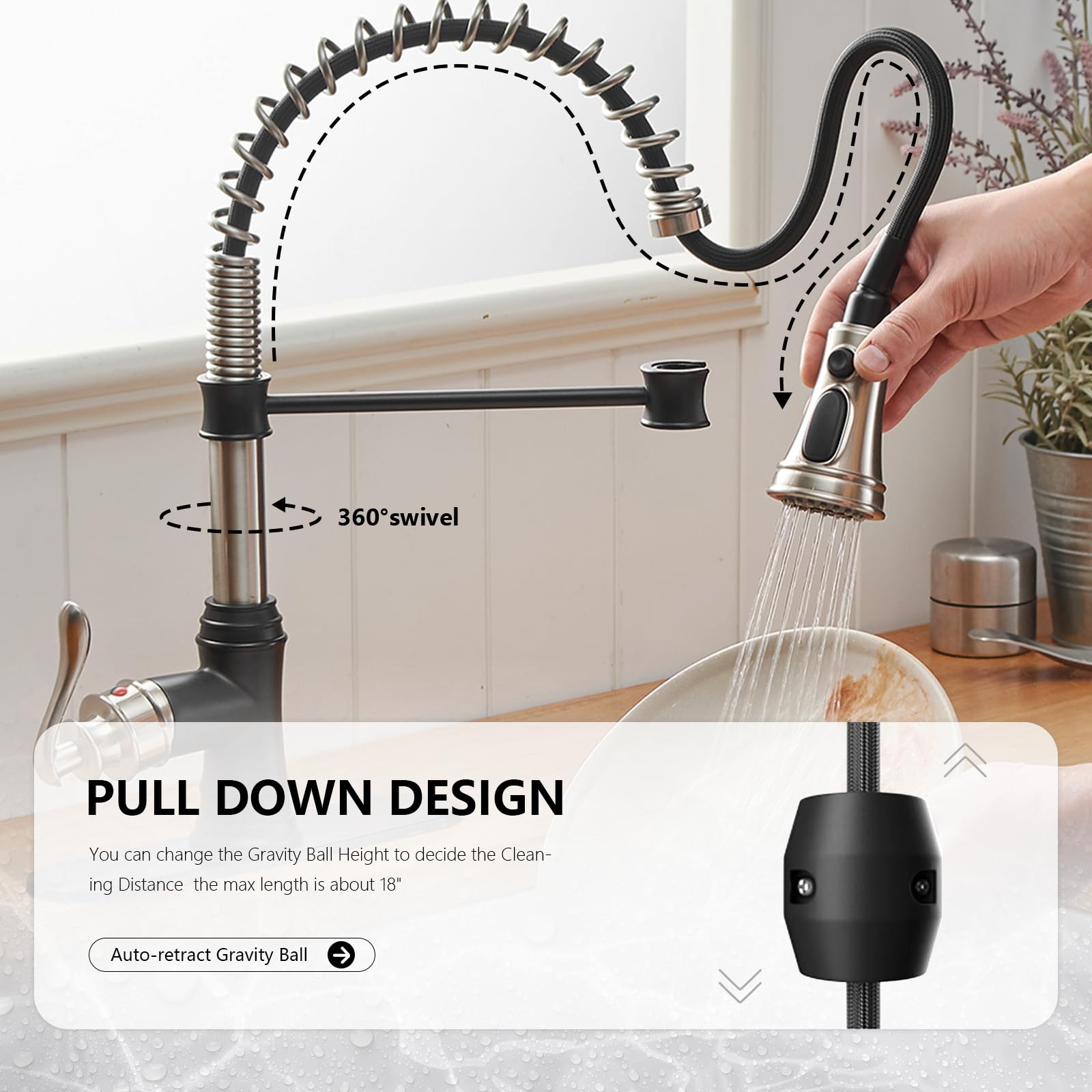 Bwe Kitchen Sink Faucet Pull Down Sprayer Spring 3 Function Kitchen Faucet High Arc Farmhouse Commercial Bar Kitchen Faucets Brushed Nickel With Oil Rubbed Bronze