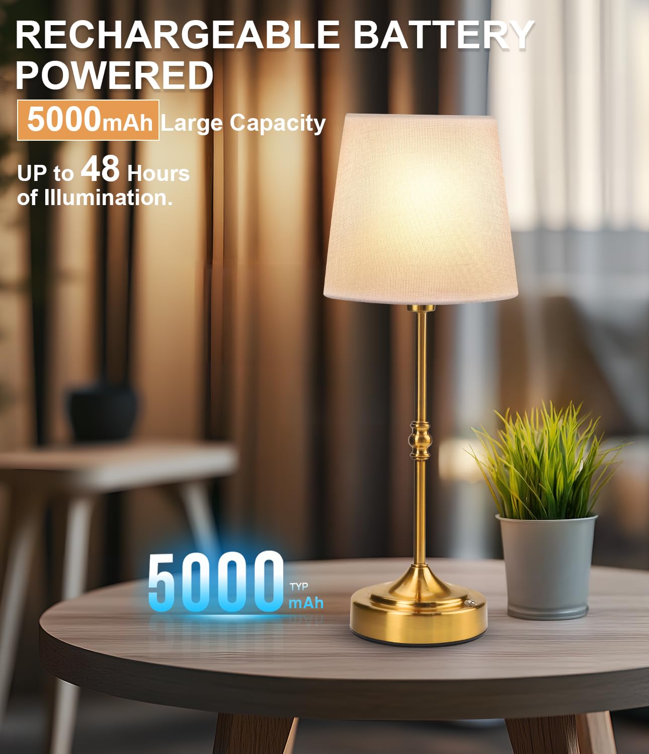 Swinerton Rechargeable Lamp Cordless Led Table Lamp, 5000Mah Battery Operated, 3 Level Brightness, Portable Night Bedside Brass Lamp, Desk Light For Home Decor, Patio, Restaurant, Dinning