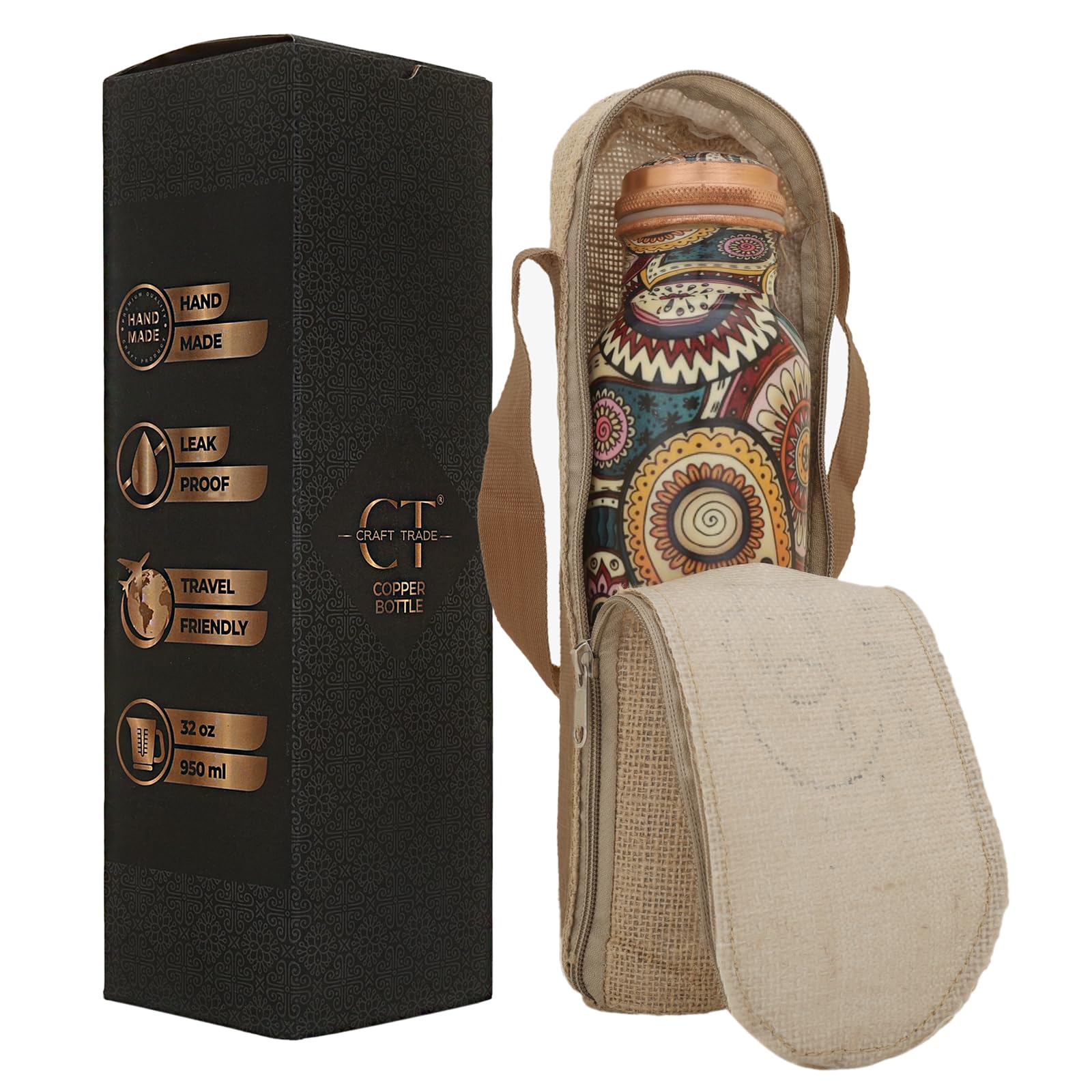 Craft Trade Printed Copper Bottle With Lid And Carry Bag For Drinking Water Leak Proof