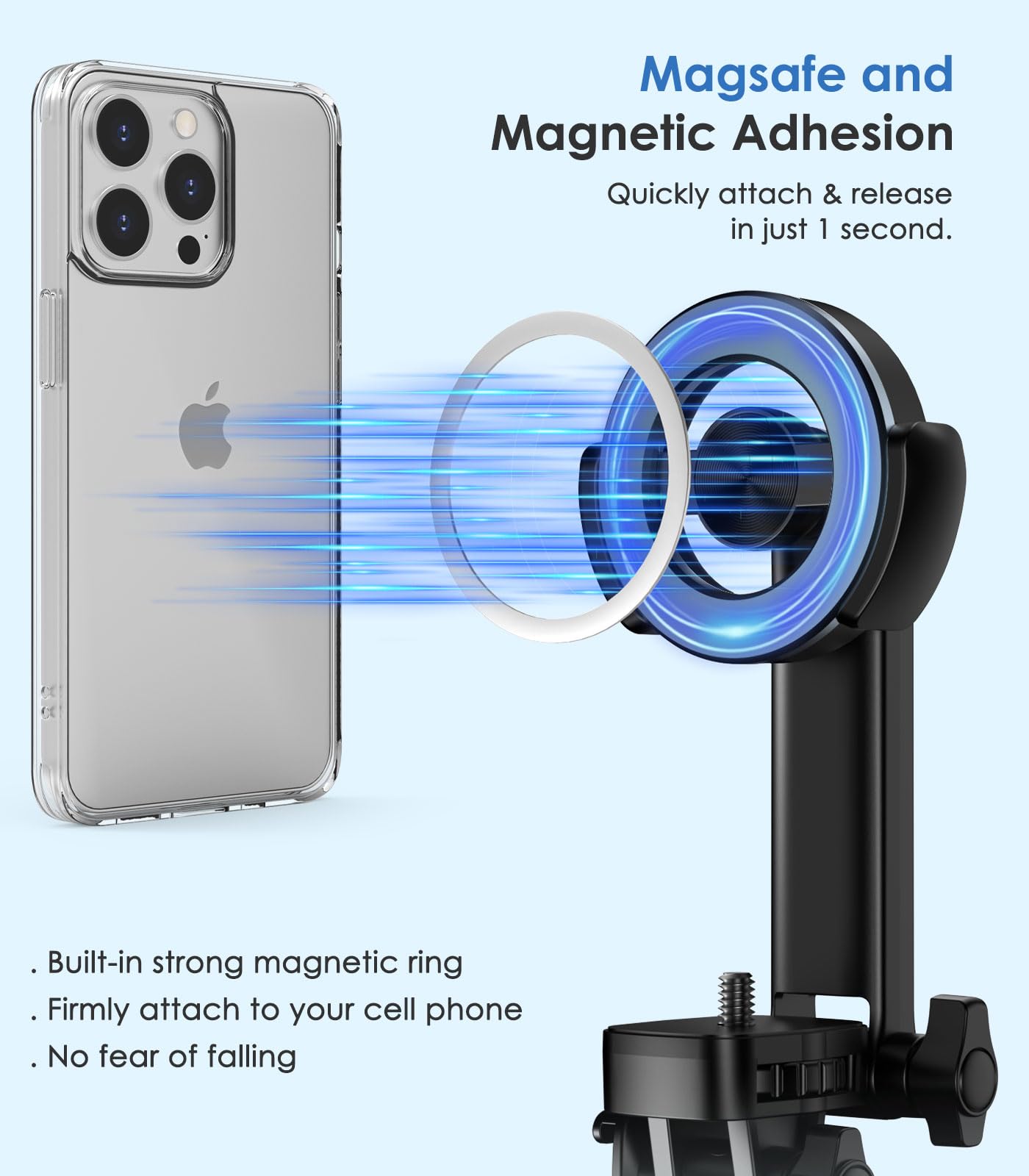 Moko 68" Magnetic Selfie Stick Compatible With Magsafe, Phone Tripod Stand With Remote For Iphone 16/Pro/Pro Max/Plus 15 14 13 12 And All Phones With Metal Ring, Fit For Selfie/Photo/Live/Vlog, Black