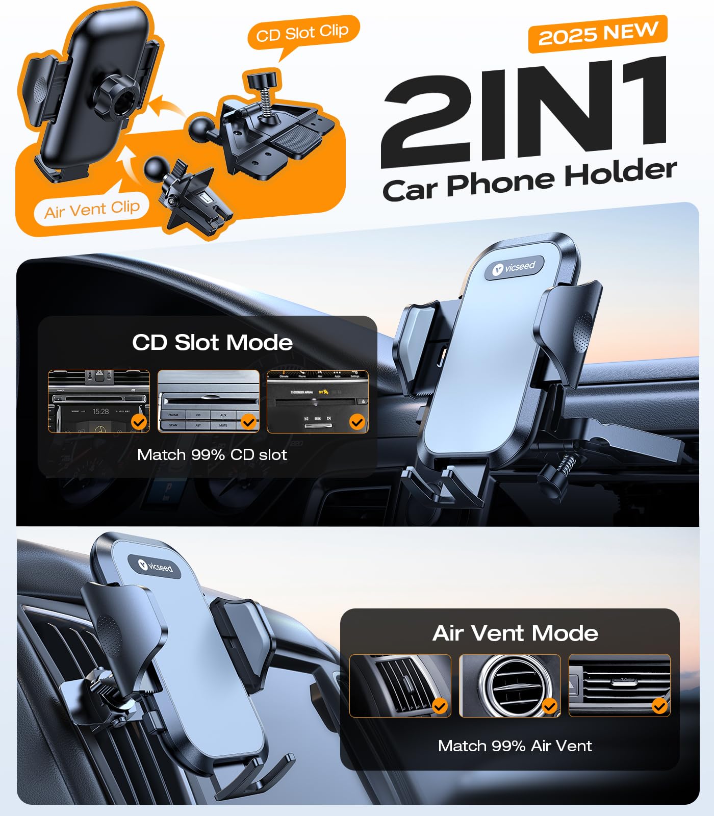 Vicseed Military-Grade Sturdy Car Phone Holder Mount,  Anti Shake Metal Cd Slot & Air Vent Thick Case Friendly Phone Mount For Car Fit For Iphone 16 15 14 Samsung All Phones