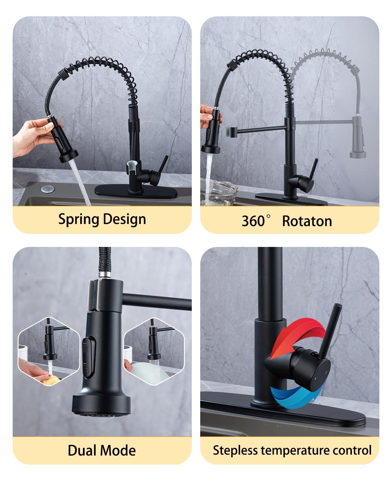 Jafeton Durable Kitchen Faucet With Pull Down Sprayer, Temperature Control 360° Rotatable Commercial Kitchen Sink Faucets Single Handle Spring Laundry Camper Utility Wet Bar Sinks