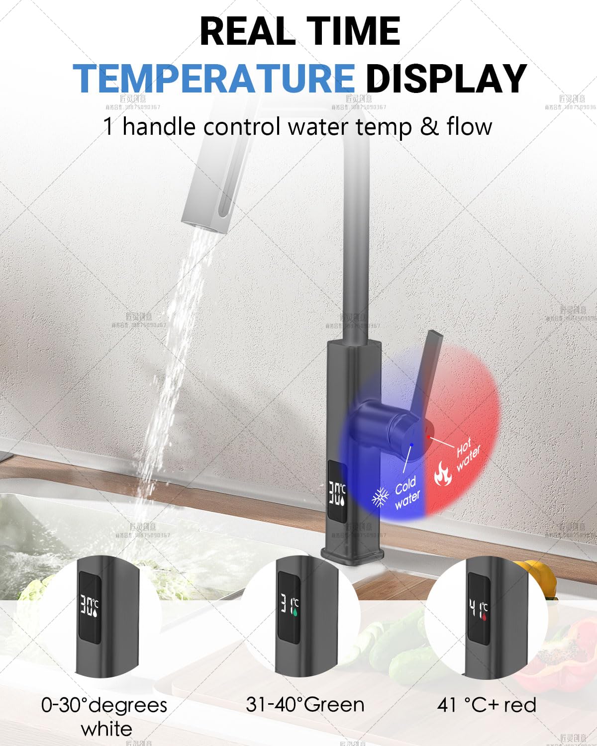 Xianpioo Waterfall Kitchen Pull Down Faucet With Temperature Display In Celsius(Batteries-), Matte Grey Stainless Steel Widespread Kitchen Faucet, 4 Function Sprayer & 360 Swivel Spout For Kitchen Rv Bar