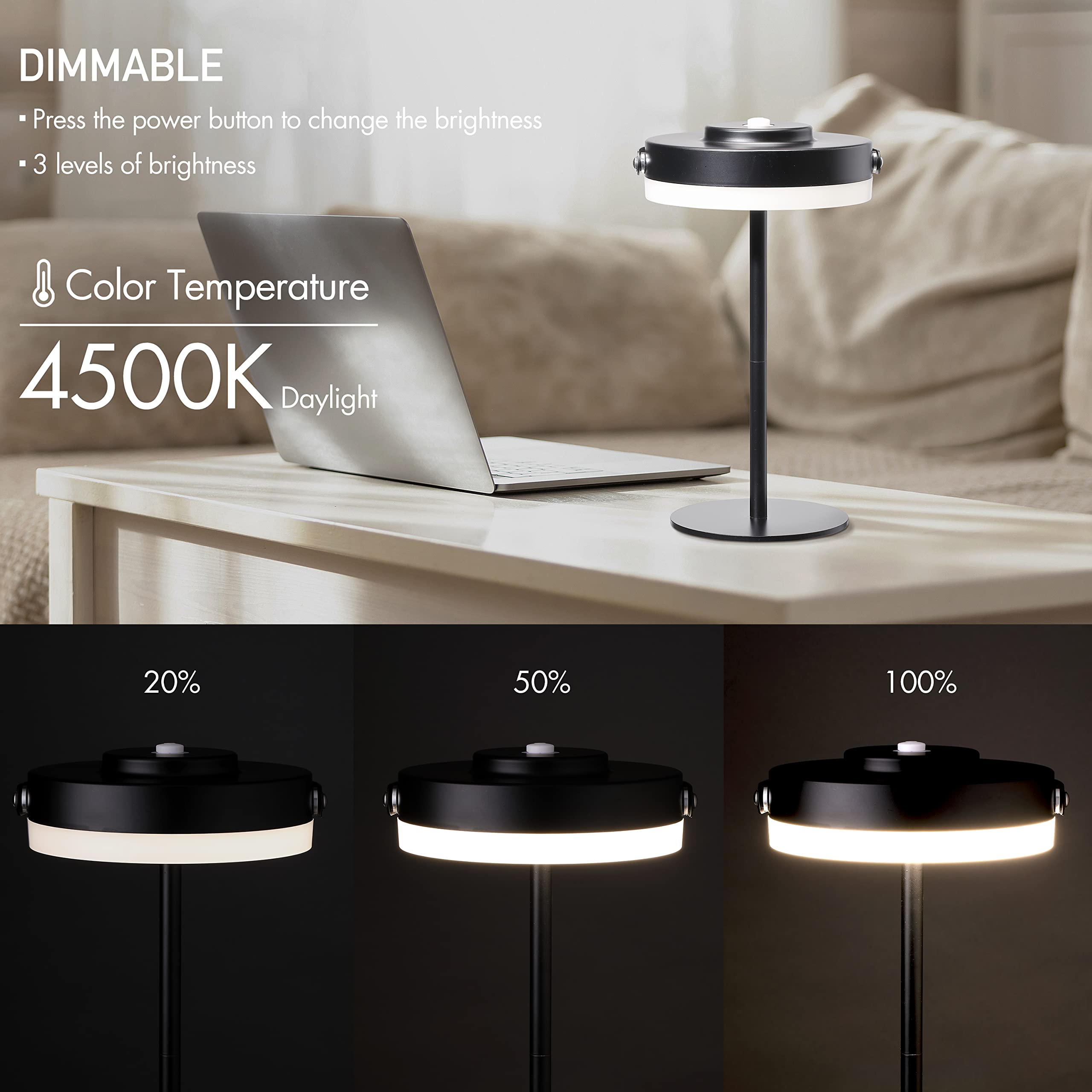 O'Bright O’Bright Thurlow - Portable Led Lamp For Outdoor/Indoor, Built-In Rechargeable Battery, Ip44 Water Resistant, Adjustable Height, Travel Light, Camping Lantern, Patio Table Lamp, Night Lamp, Black