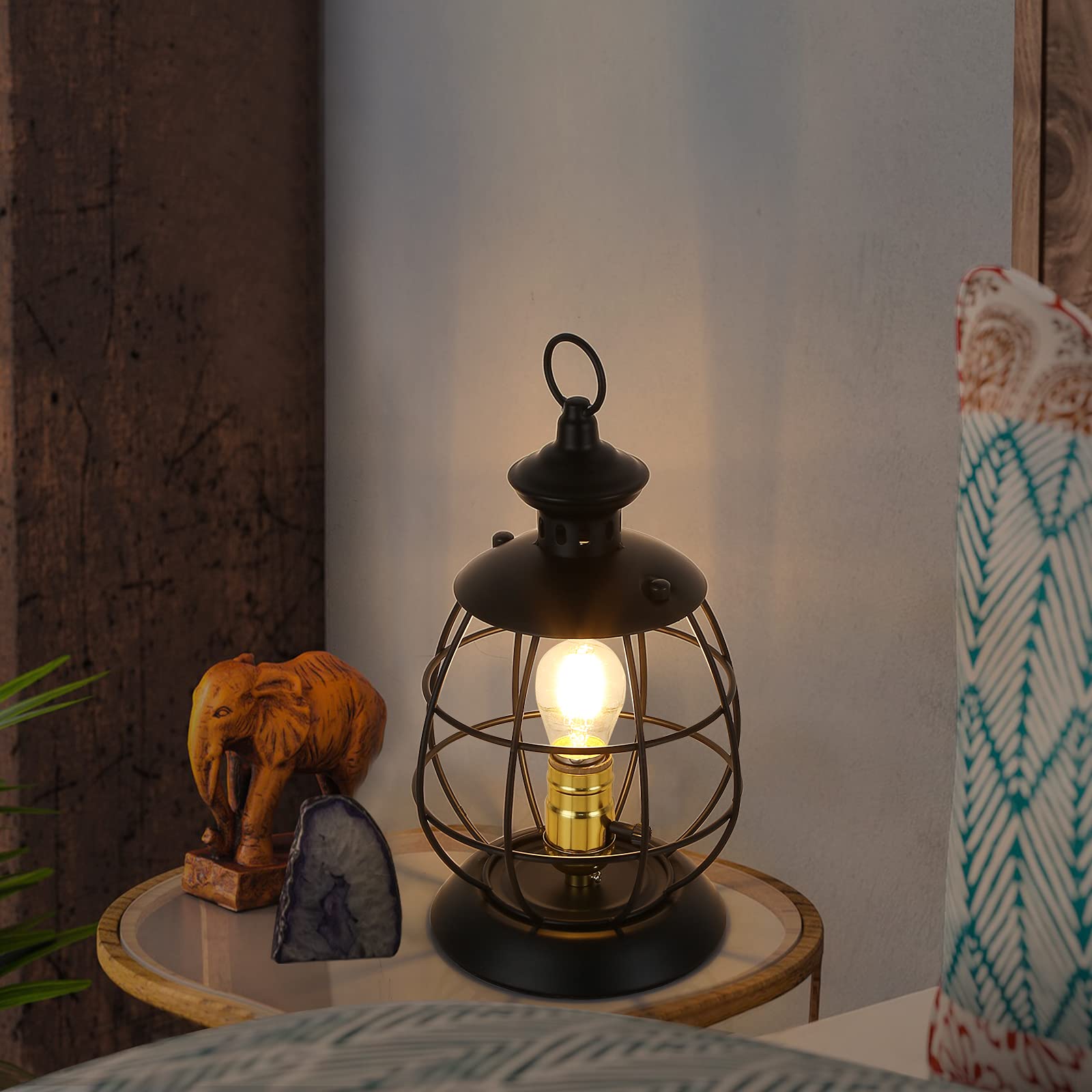 Cosylux Antique Industrial Electric Lantern Table Lamp For Bedroom Bedside, Metal Cage Shade Reading Desk Lamp With Hanging Hoop For Living Room, Modern Retro Mid-Century Farmhouse Décor Black(No Bulbs)