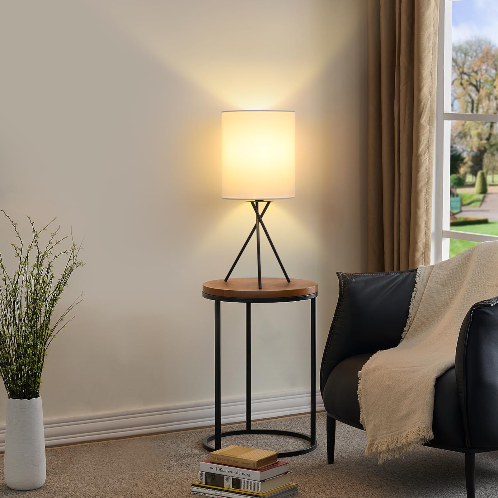 Folksmate Bedside Table Lamp With Black Metal Base, Modern Small Desk Lamp, Nightstand Light Fixture With White Lampshade, Home Living Room Bedroom Office, Bulb Not Included