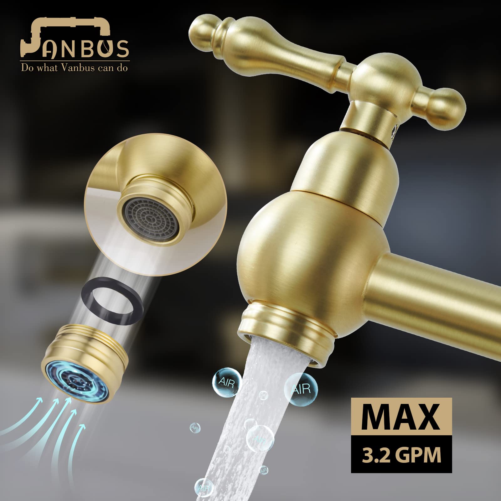 Vanbus Kitchen Pot Filler Faucet, Dual Valve Wall Mount Pot Filler Faucet, Potfiller, Two Handles Strechable Double Joint Swing Arms (Vintage, Brushed Gold)