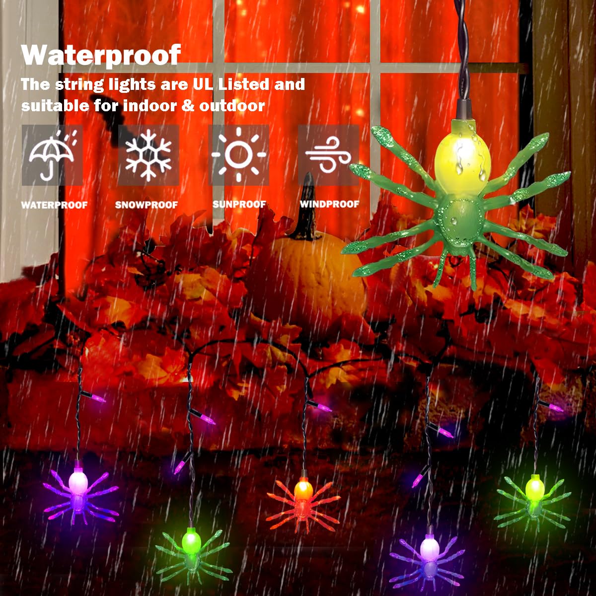 Smatols Solar Halloween Spider String Lights, 12Ft Decorations With 10 Spiders And 15 Purple Mini Lights, Curtain For Outdoor Window Patio Stair Decor