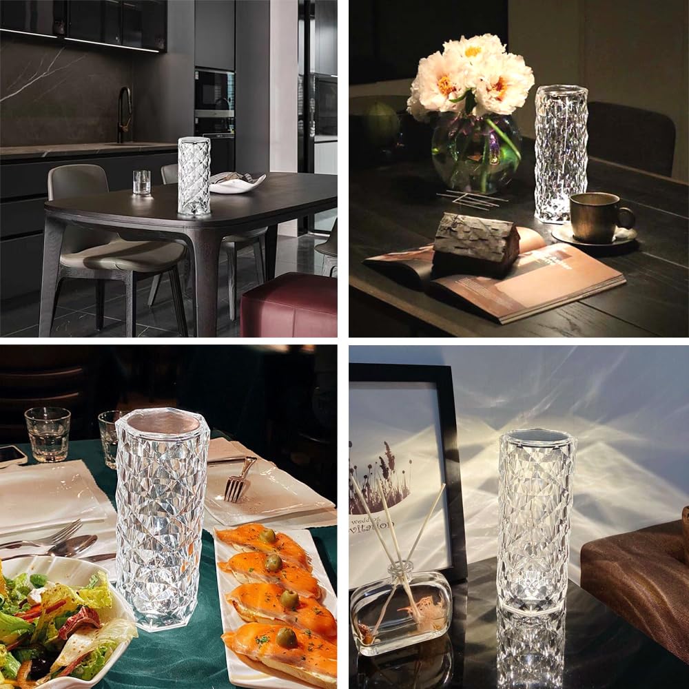 Leroxo Portable Crystal Table Lamp, 3-Color Touch Control Rechargeable Night Light, Bedside & Desk Lamp For Bedroom, Living Room, Kitchen & Dining Room (3-Color Rose)