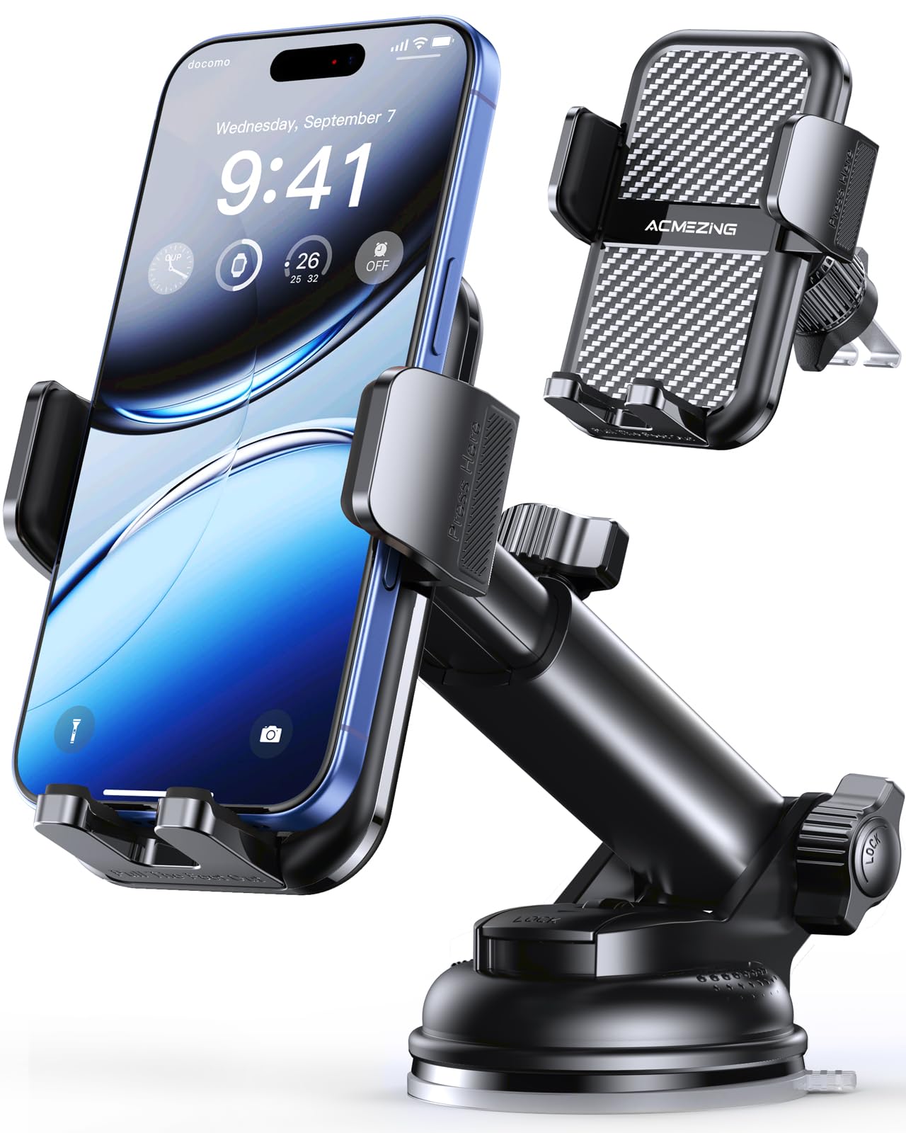 Acmezing 3-In-1 Car Phone Holder [122+Lbs Strongest Suction & Stable Clamp Arm] 360° Adjustable Car Phone Mount, Cell Phone Holders For Your Car For Dashboard Vent, All Smartphones & Car Models (Black)