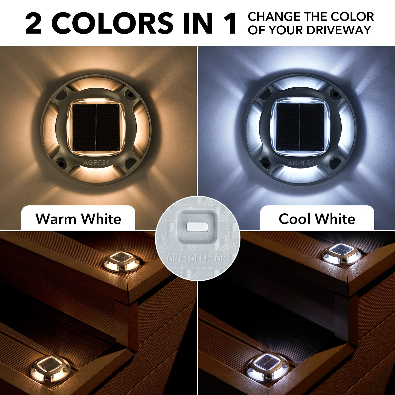 Agptek Solar Driveway Lights Outdoor 16 Pack, 2 Color Modes Led Deck Dock Marine Waterproof Driveway Marker Lights For Step Sidewalk Stair Garden Pathway Walkway Yard (Warm White/Cool White)