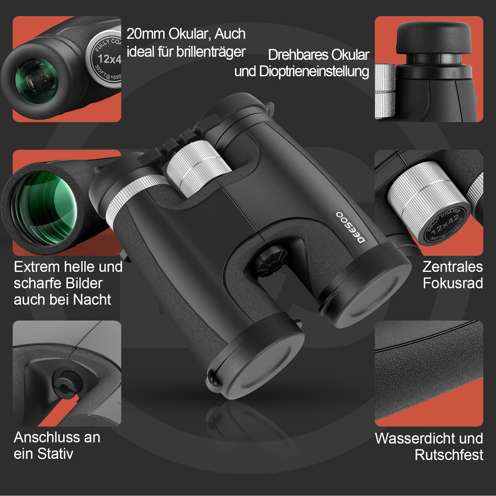 Deesoo Compact Binoculars - 12X42 Hd Adult & Kids Binoculars - 18Mm Large Eyepiece - Hiking, Bird Watching, Travel & Hunting