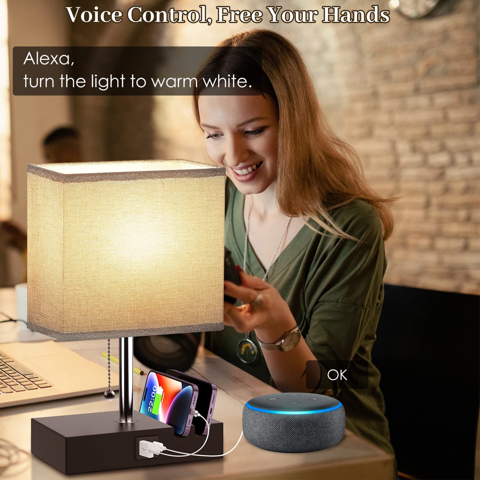 Yieelog Smart Rgb Dimmable Table Lamp Work With Alexa&App&Remote Control, Bedside Desk Lamp With Charging Ports&Outlet&Phone Stand, Music Sync Nightstand Lamp For Bedroom Living Room Office Dorm