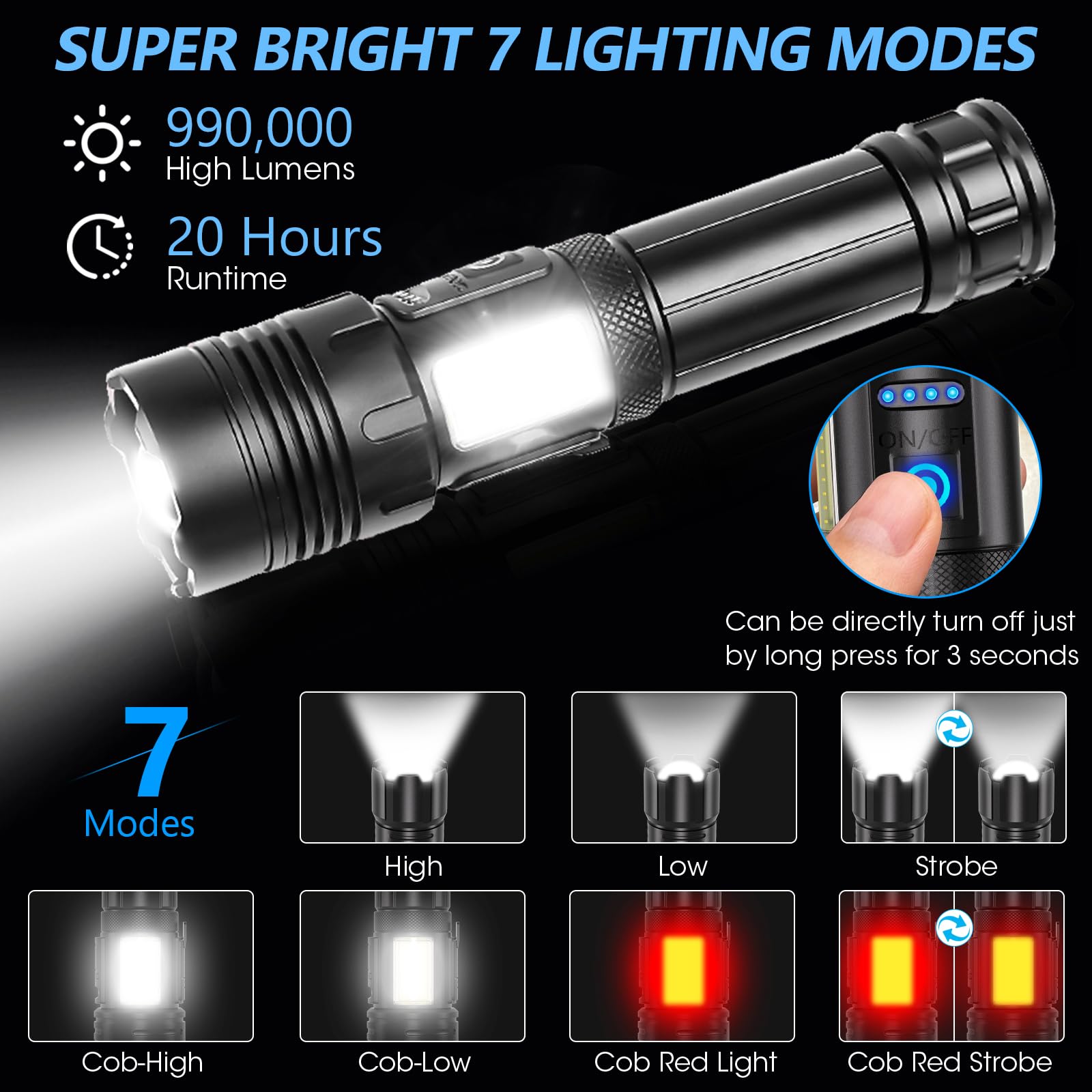 Wssbond Flashlights High Lumens 2 Pack, 990,000 Lumen Rechargeable Flashlight Super Bright Flash Light With Red Light,Cob Work Light,Ipx6 Waterproof Powerful Flashlight For Home Camping Disaster (2)