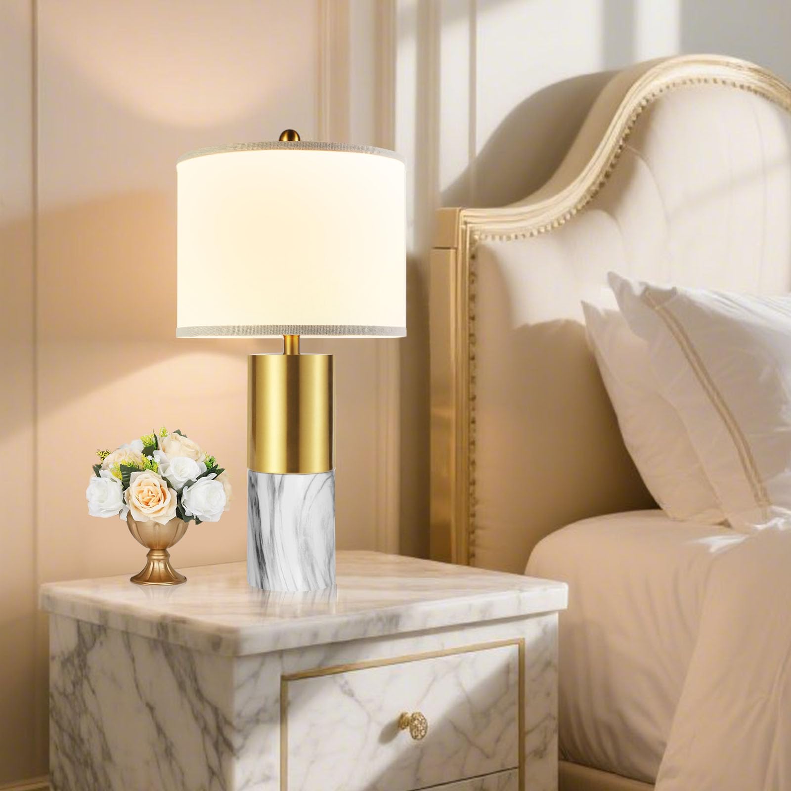 Ghoocemlux 22" Faux Marble Table Lamps Set Of 2, Modern 3-Color Temperature Table Lamps With Fabric Shades, Contemporary Bedside Nightstand Lamps For Living Room Bedroom (2 Led Bulbs Included) - White & Gold