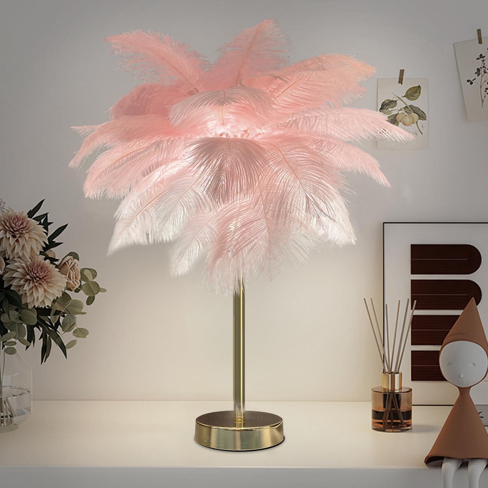 Oluzfan Ostrich Feather Lamp Modern Bedside Lamp With Plug In,3 Colors Light Table Lamp For Mother, Girlfriend Home Bedroom Decor Golden Base (Pink)