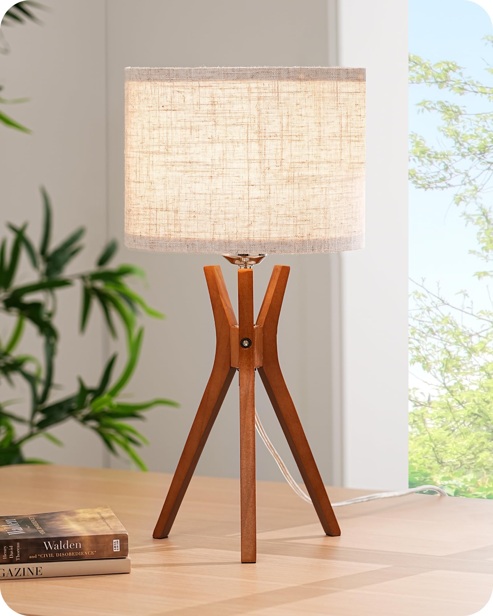 Edishine Mid Century Table Lamp, 17.5" Tripod Bedside Lamp With Deep Wood Color Light Base & Beige Linen Lampshade, Nightstand Lamp For Bedroom, Living Room, Reading Room, E26 Base