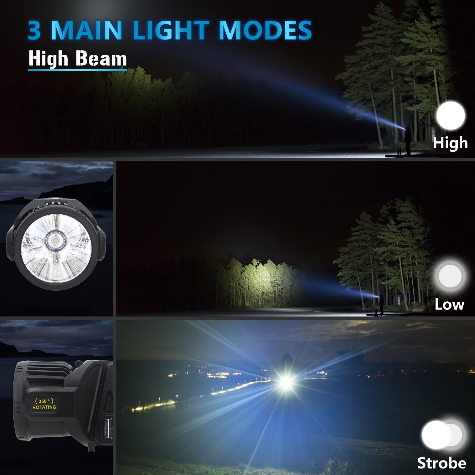 Jsknb 3000000 Lumens Spotlight, 9 Modes Rechargeable Led Spotlight Flashlight With 350° Rotate Head, Super Bright Spot Lights Outdoor Handheld, Waterproof Solar Flashlight For Emergencies, Xx-Large