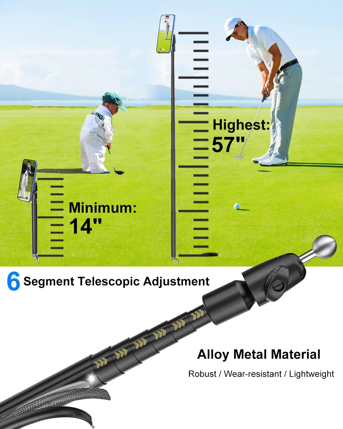 Kolasels Golf Monopod Selfie Stick With Magnetic Phone Holder Mount - 57" Metal Pole Golf Phone Holder For Record Swing, Putting, Golf Training Aid, Tripod For Iphone 16 15 Compatible With Magsafe