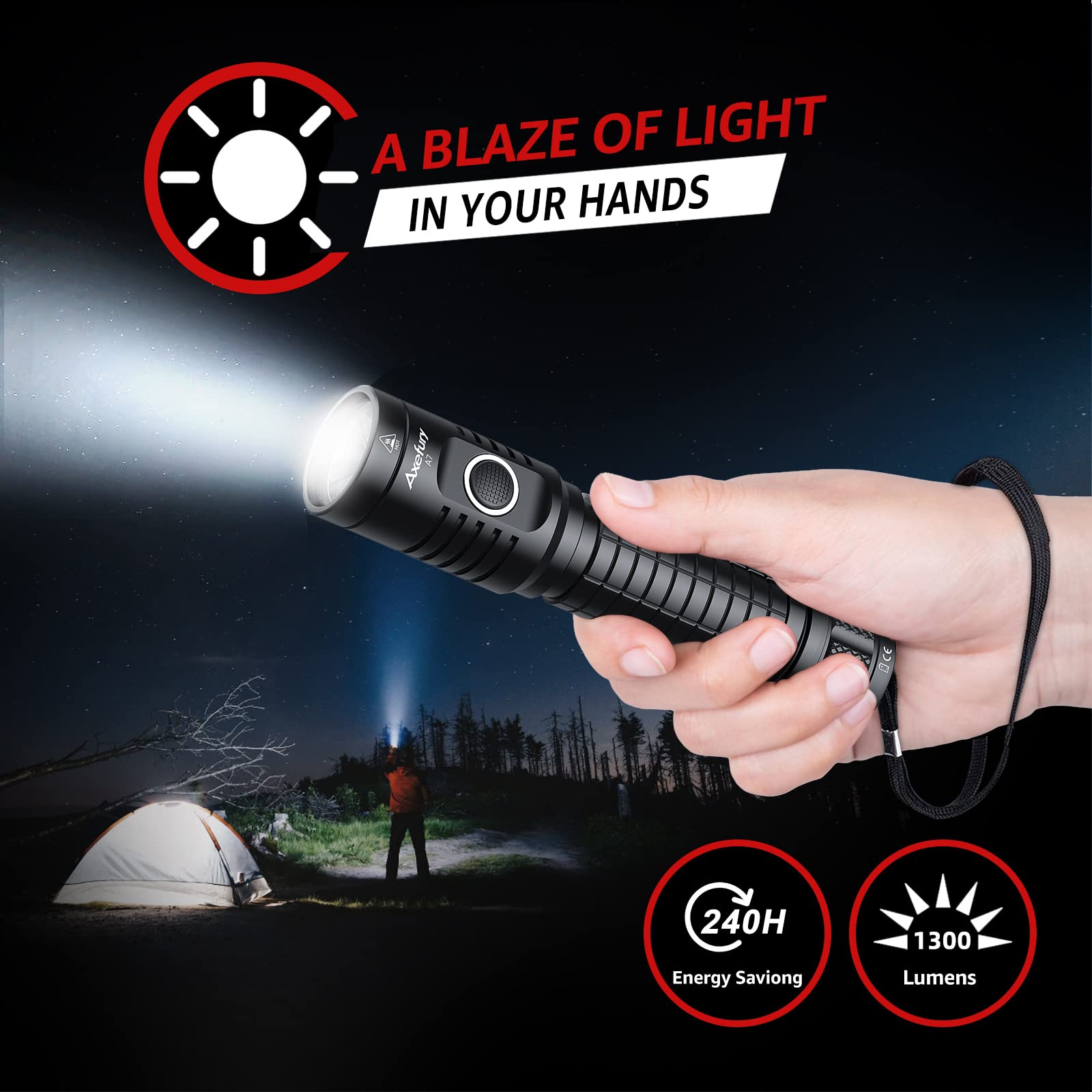 Axefury Flashlight, Rechargeable Magnetic Led Flashlight High Powered 1300 Lumens,Tactical Led Light Torch Cob Work Light,9 Modes,Ip67 Outdoor Gear A7