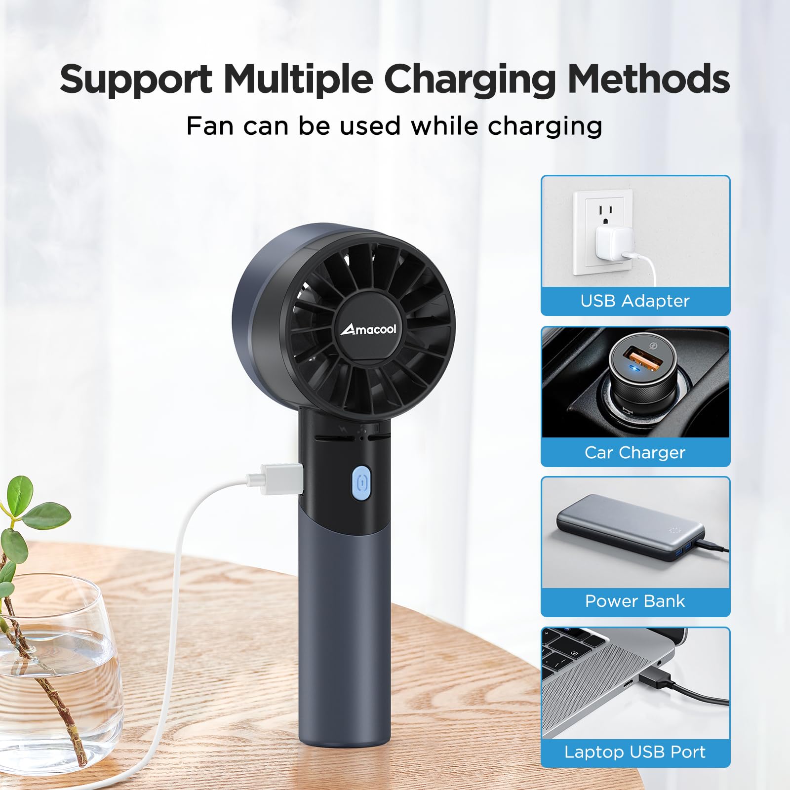 Portable Amacool turbo fan, 4-speed settings, metal design, and 17-hour battery life for efficient cooling