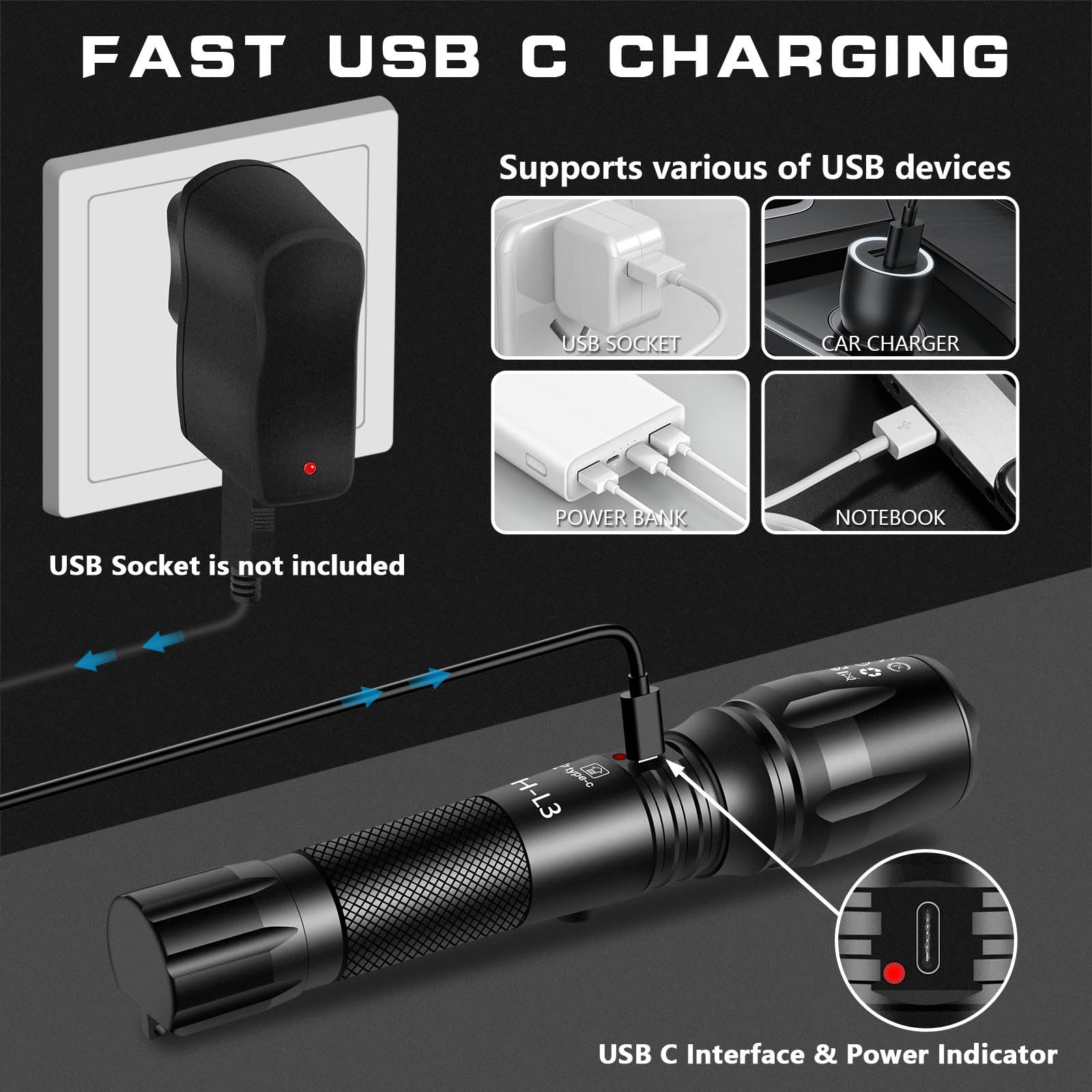 Phixton Rechargeable Flashlights High Lumens, 5000 Lumen Usb C Chargeable Led Flashlight, Bright Strong Handheld Flash Lights, Long Lasting, Adjustable Focus, 5 Modes, For Emergencies Hiking