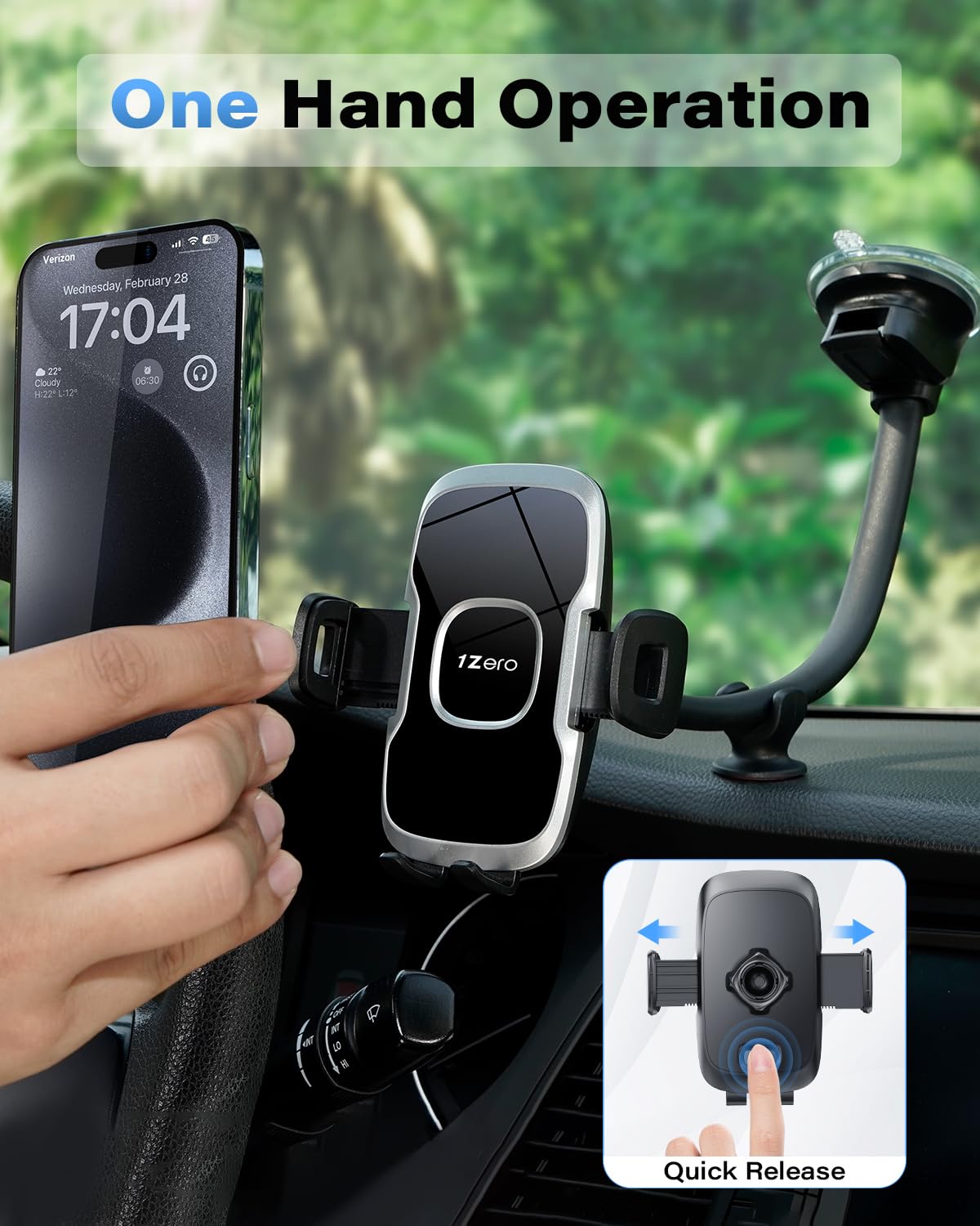 1Zero Solid Car Truck Phone Mount Holder With 14-Inch Gooseneck Long Arm, Windshield Window Mobile Holders W/Industrial-Strength Suction Cup, Anti-Shake Stabilizer Compatible All Cell Phones Iphone
