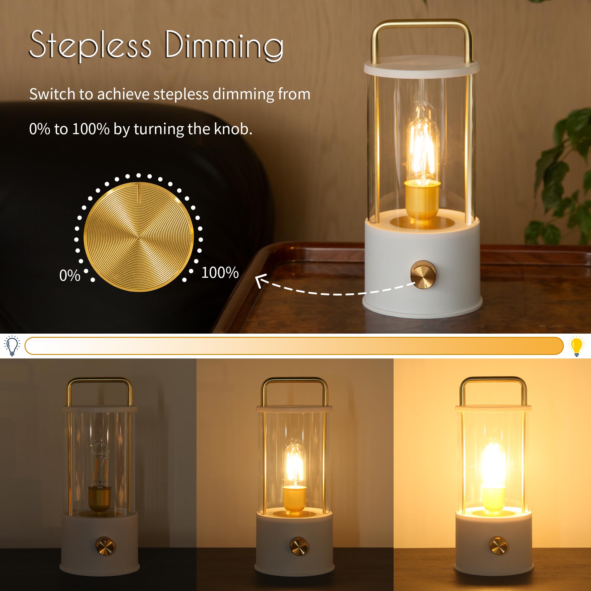 Lusharbor Cordless Table Lamp, Portable Lantern Rechargeable Led Battery Operated Lamp Stepless Dimming, Hanging Desk Bedside Small Table Lamp For Nightstand Camping Tabletop Bedroom White