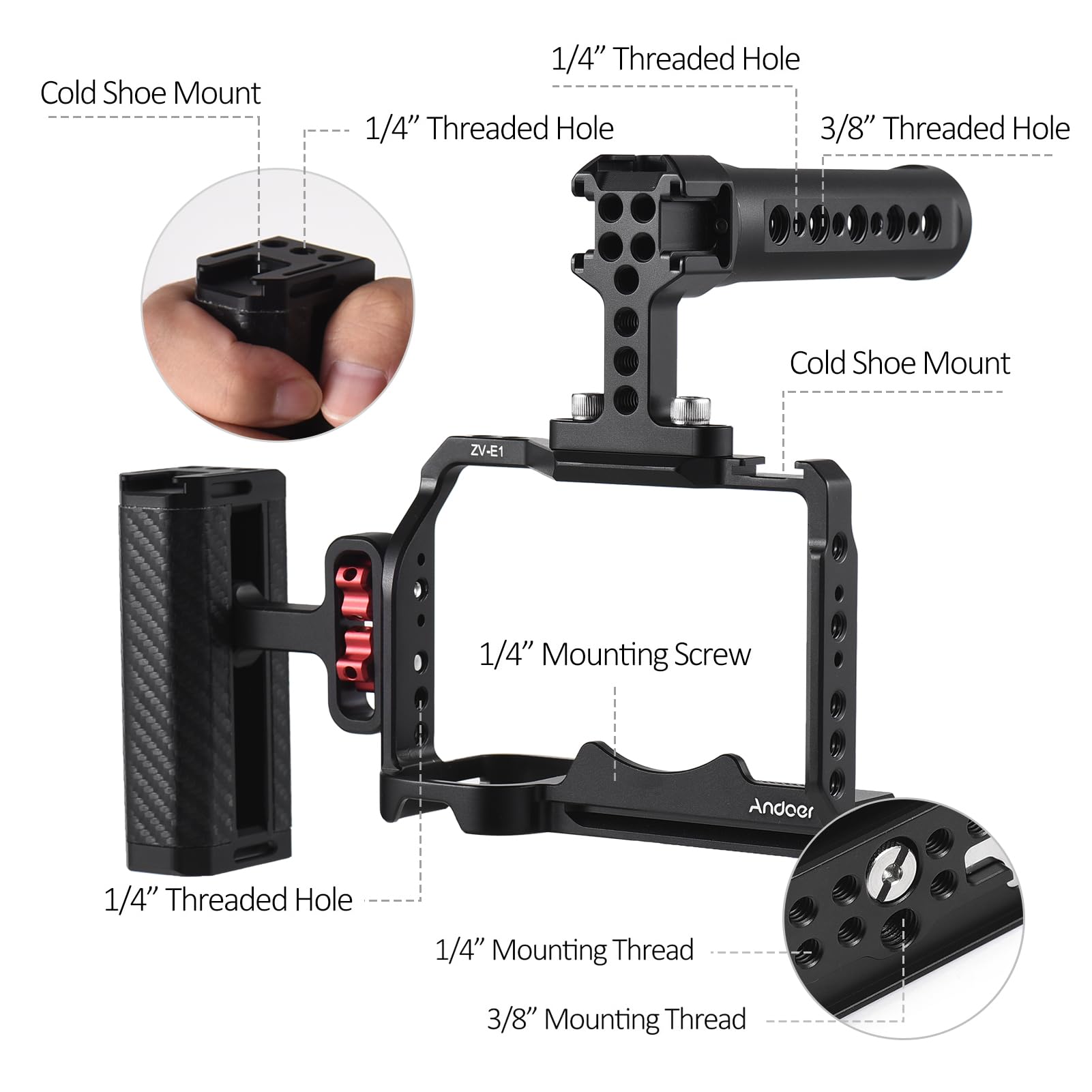 Andoer Video Cage For Camera + Top Handle + Side Handle Kit Aluminium Alloy Video Cage With Cold Shoe Holders