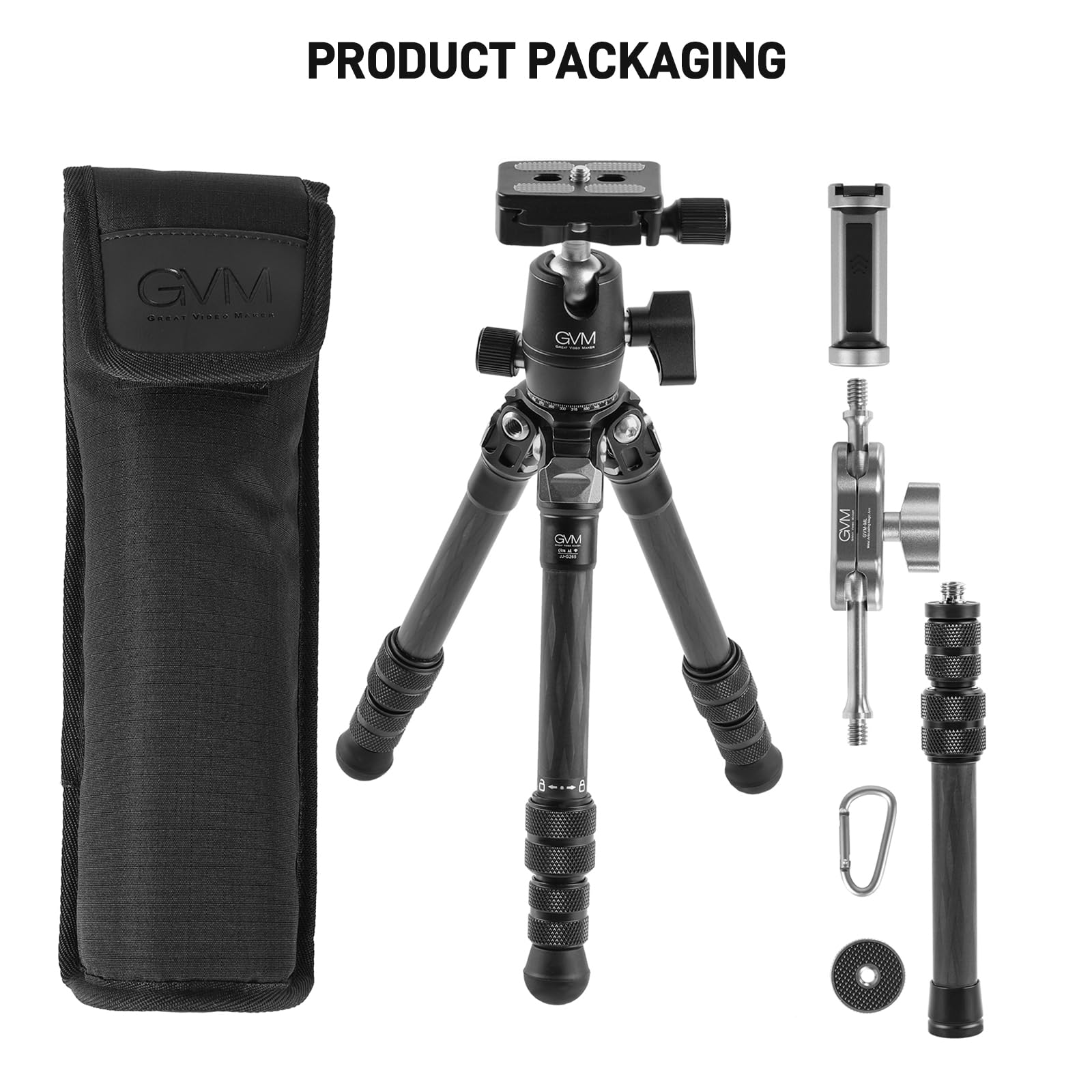 Gvm Great Video Maker Gvm Carbon Fiber Camera Tripod, Tripod For Camera And Phone, Heavy Duty Camera Tripod Stand With 360° Panorama Ball Head Quick Release Plate & Mobile Phone Clip For Max Load 15 Lb