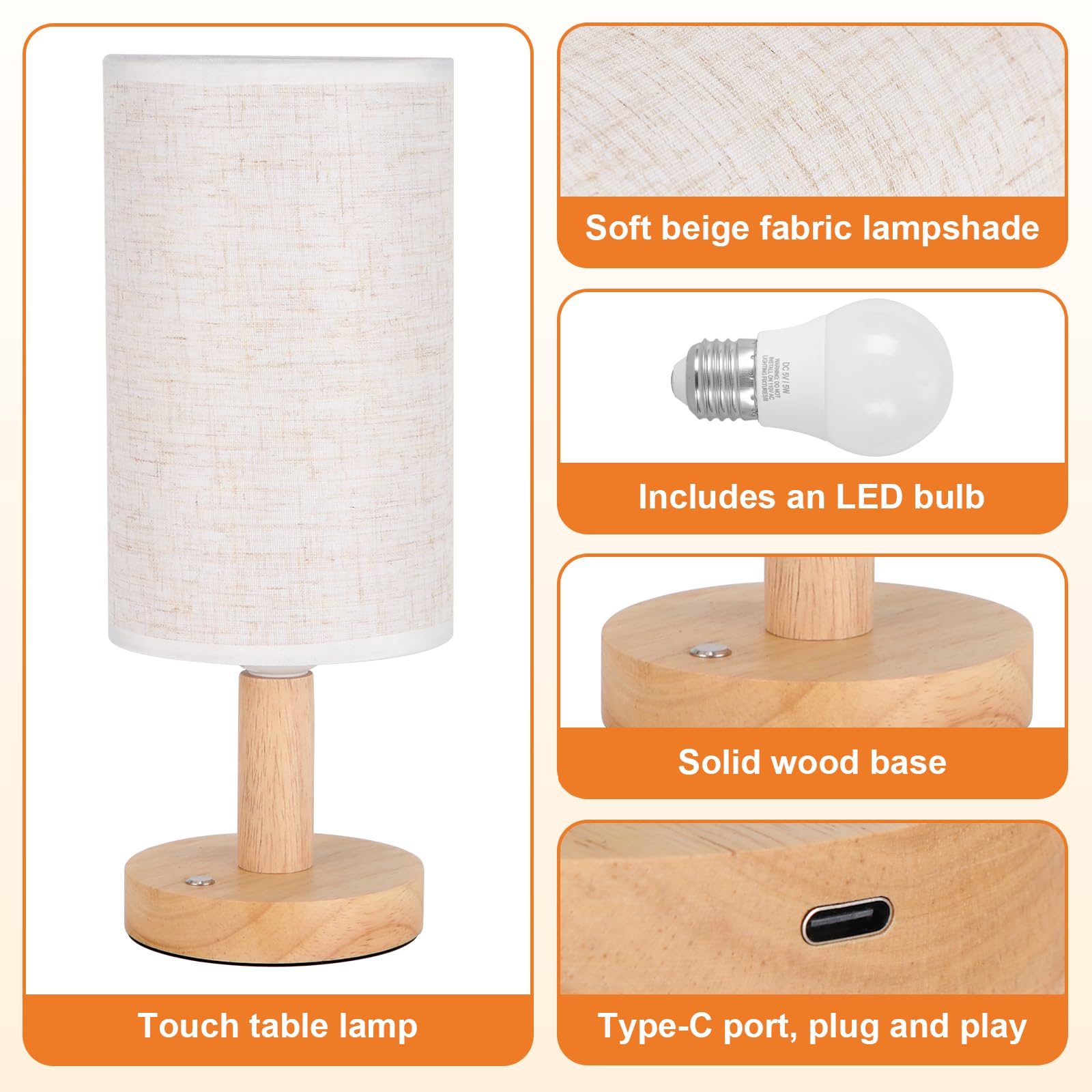 Seensiny Small Corded Touch Bedside Table Lamp With Stepless Dimming, Natural Round Wood Base & Linen Fabric Shade, Usb-Powered Cozy Ambient Night Light For Bedroom, Nightstand,Kitchen, Nursery,Camping
