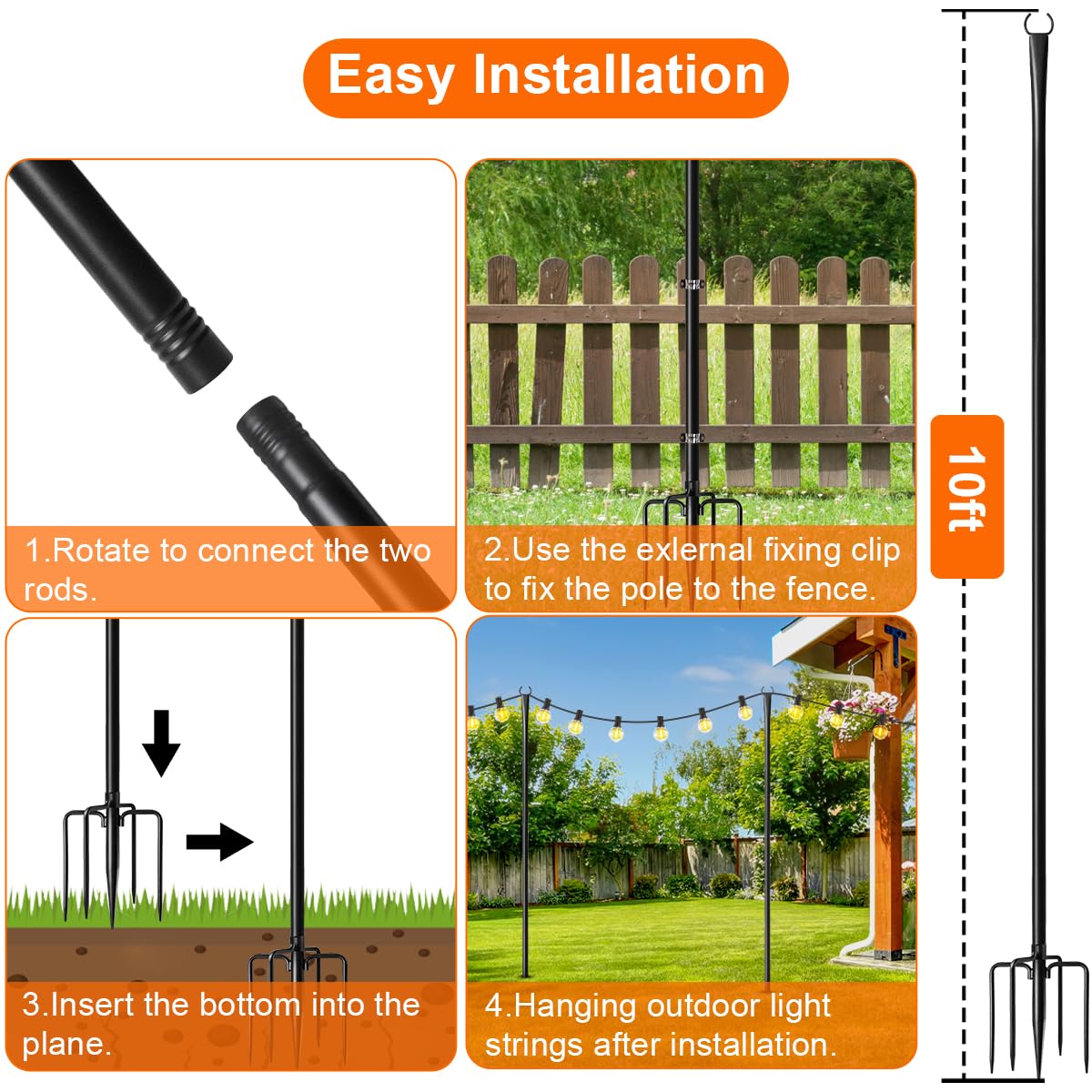 Mulivid 6 Pack String Light Poles For Outdoor,Metal Light Hanging Pole Outside With Fork,Light Stand For Patio, Pergola, Garden, Backyard, Yard, Camping Party