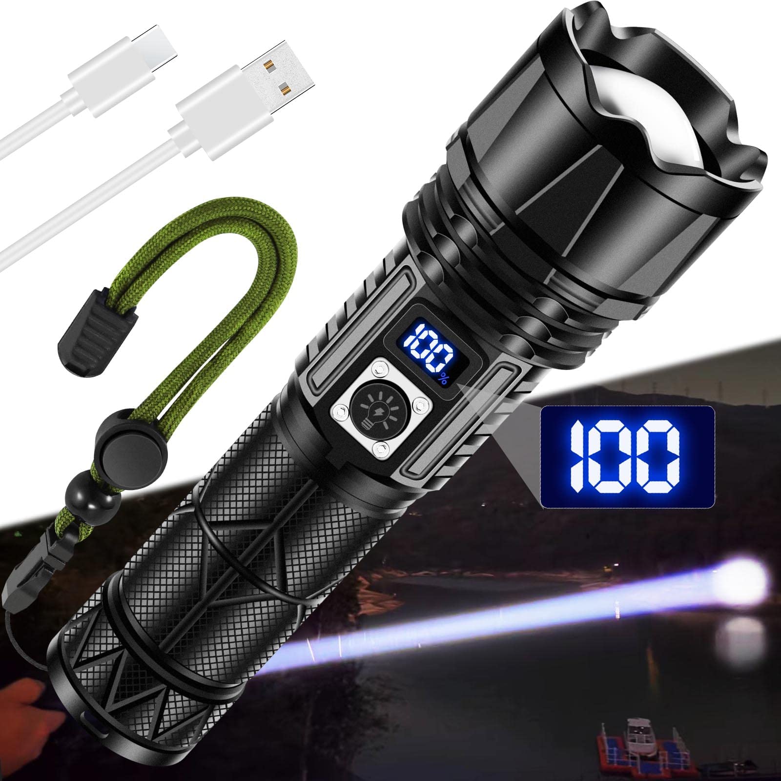 Jay-Park Rechargeable Led Flashlight 10000 Lumen, Super Bright Flashlight With Digital Power Display And Zoomble, Flashlights High Lumens Rechargeable For Camping, Outdoor