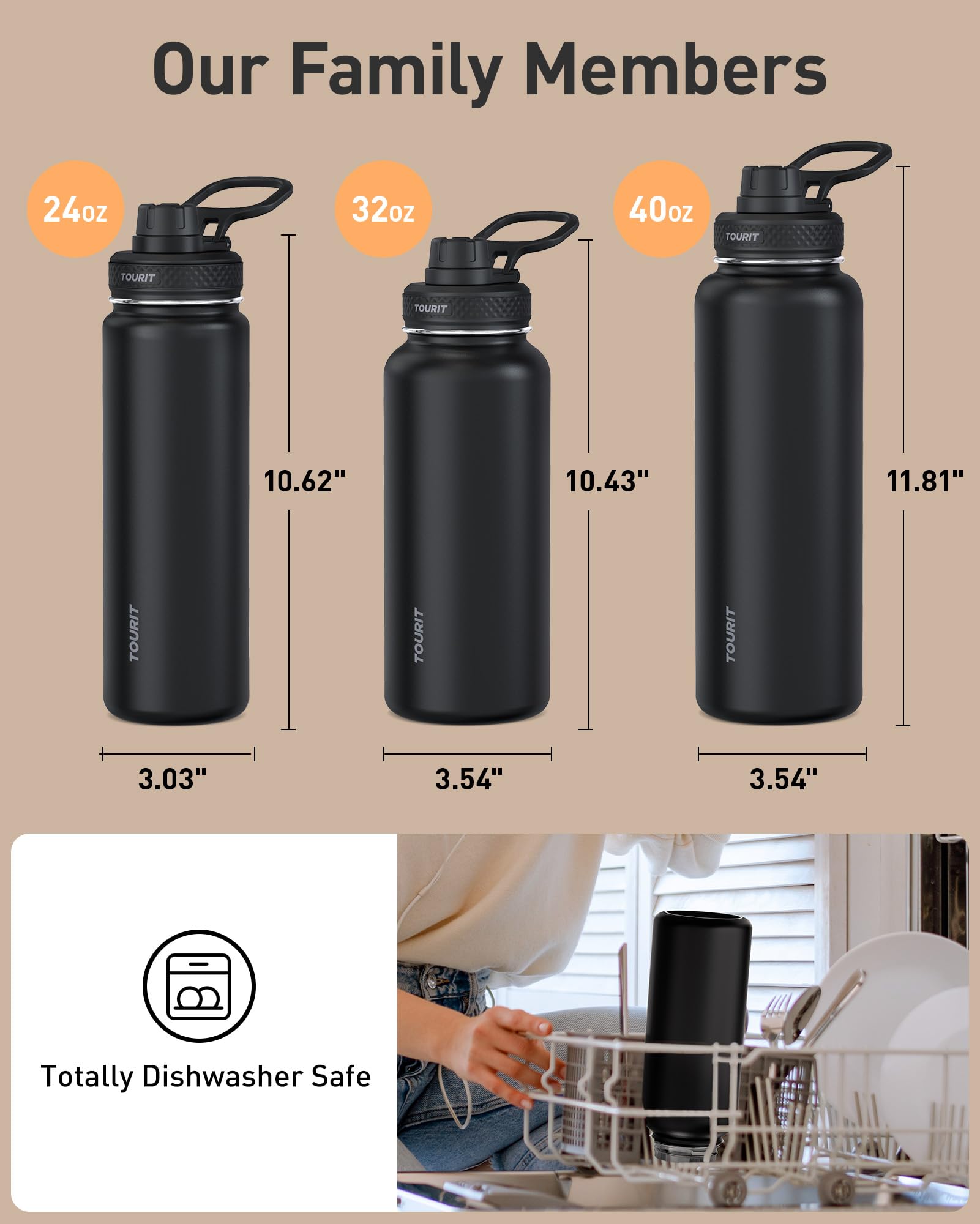 Tourit 24 Oz Insulated Water Bottle, Stainless Steel Sports Water Bottles With Top Handle
