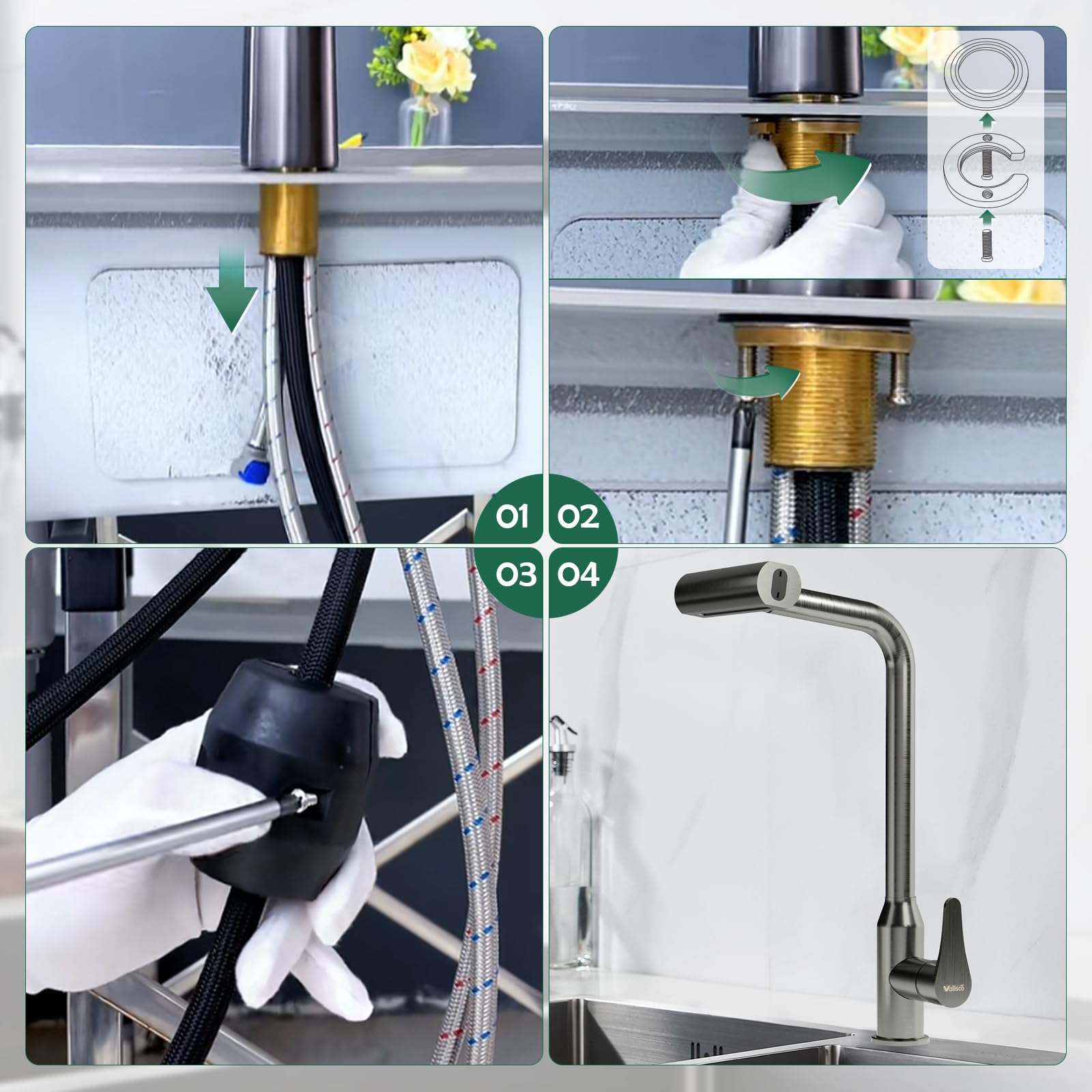 Vallisco Waterfall Kitchen Faucet With Pull Down Sprayer, 4 Modes Function Sprayer Single Handle Sink Faucet，360° Rotatable Kitchen Sink Faucet Easy Installation Commercial Modern Faucets For Kitchen