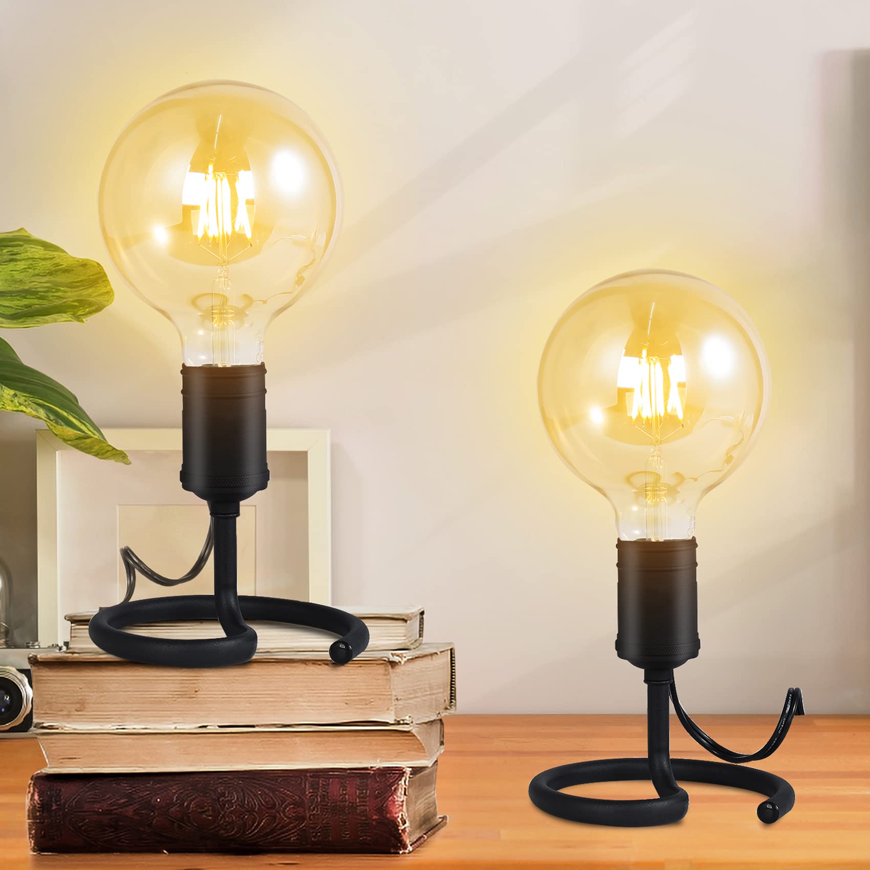 Bricosmocon Small Table Lamps For Bedroom Set Of 2, E26 Edison Desk Industrial Lamp Base Holder With Plug, Modern Black Metal Lamp, Cute Night Table Lamp For Nightstand, Bedside, Office, Living Room(No Bulbs)