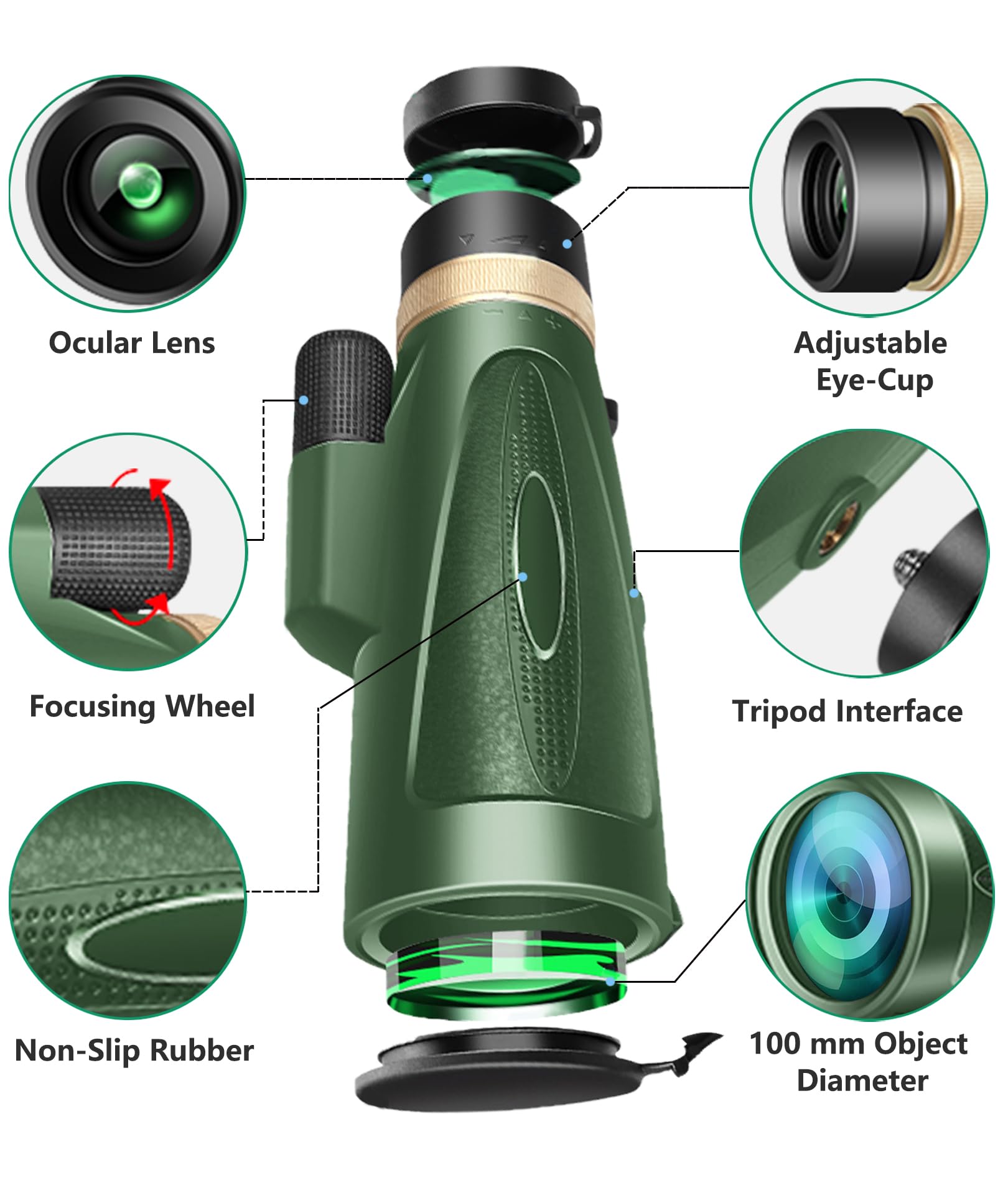 Md.Life 80X100 Hd Monocular Telescope, High Powered Bak-4 Prism Compact Monoculars For Adults, Larger Vision Monocular For Bird Watching Hunting Hiking Camping Travelling, Green