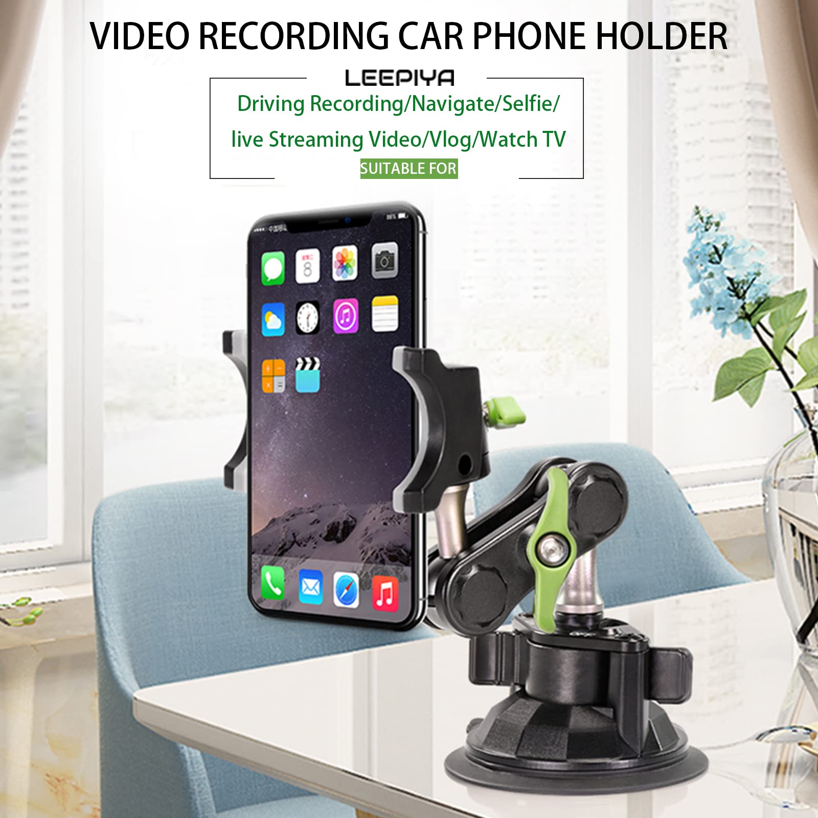 Leepiya Car Phone Mount Video Recording Universal Magic Arm Suction Car Phone Holder Mount Windshield Window Glass Dashboard Vlog Shooting Car Phone Mount For All Smartphones & Cars