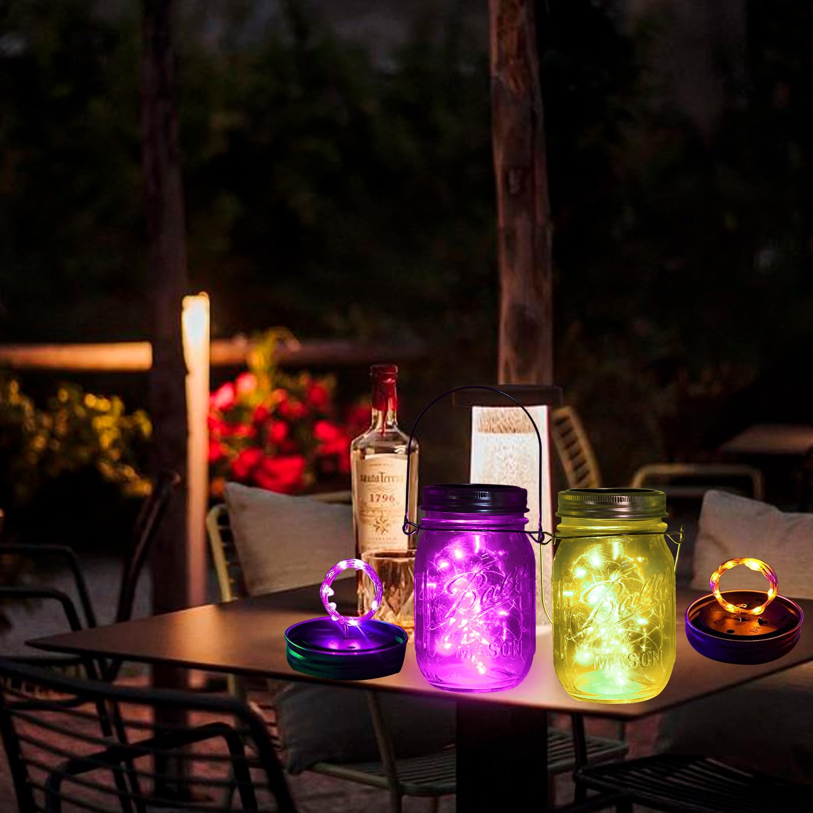 Yjfwal Solar Mason Jar Lights, 12 Pack 30 Led Fairy Firefly String Mason Jar Lids Lights With 12 Hangers (No Jars), Diy Mason Jar Patio Garden Wedding Party Birthday Decor