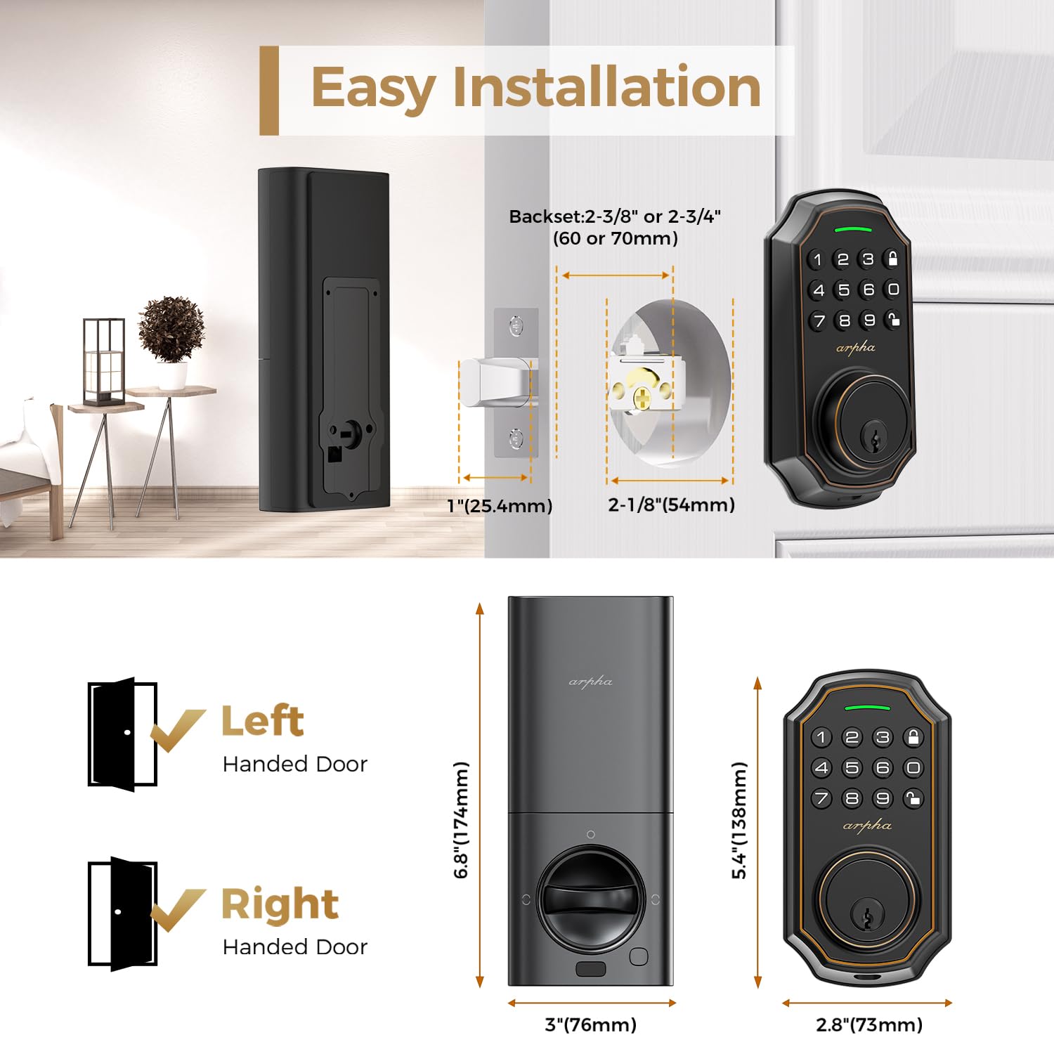 Arpha Keyless Entry Door Lock, Wifi Smart Keypad Front Door Deadbolt, Supports  Alexa Voice Control, Google Assistant, Online App Control, Anti-Peeping Password, One-Time Code, Auto Lock