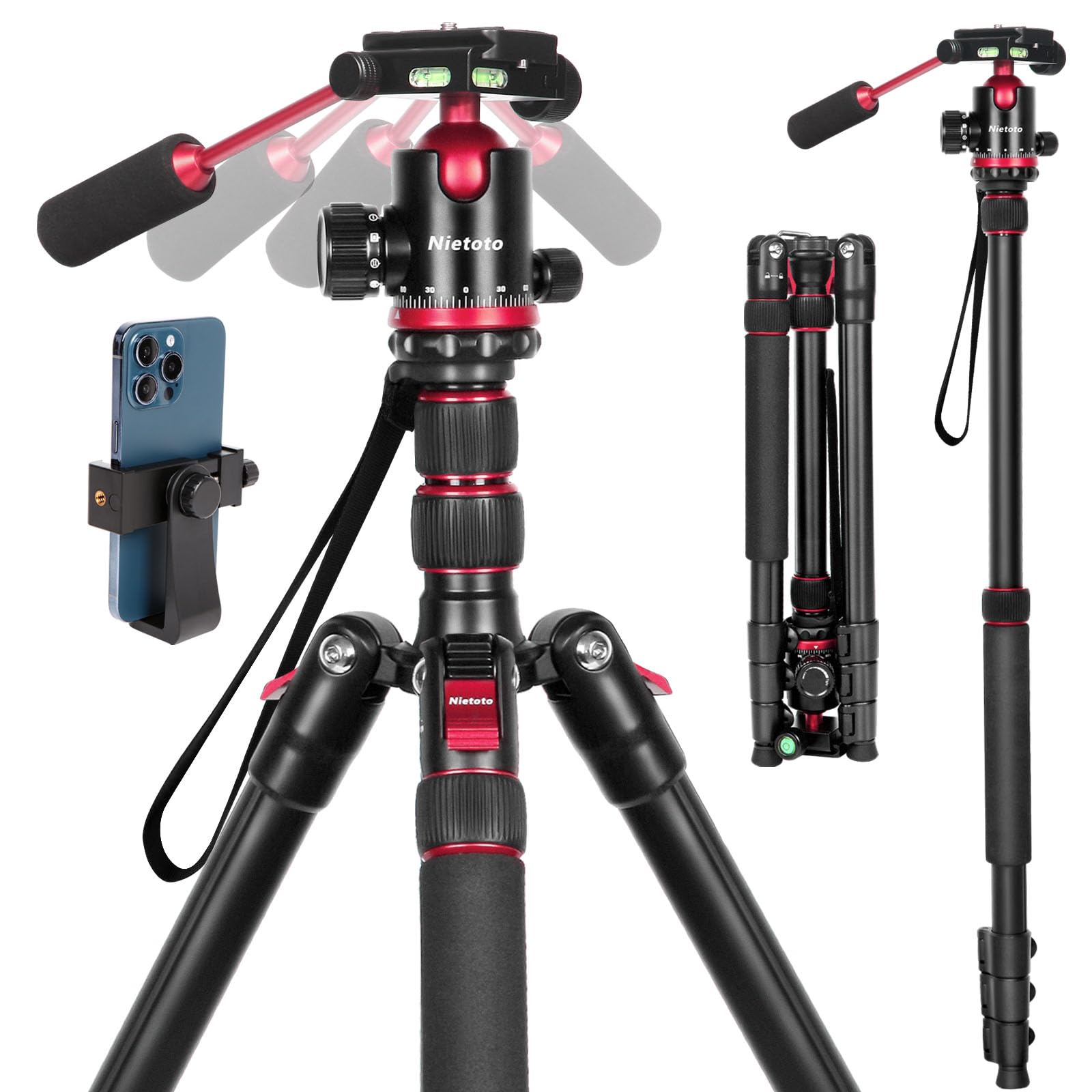 Nietoto 68" Tripod For Camera, 2 In1 Camera Tripods & Monopods With Removable Handle, Professional Cnc Ball Head Video Tripod, Heavy Duty Tripod For Dslr Camera Lasers Spotting Scope Binoculars Telescope