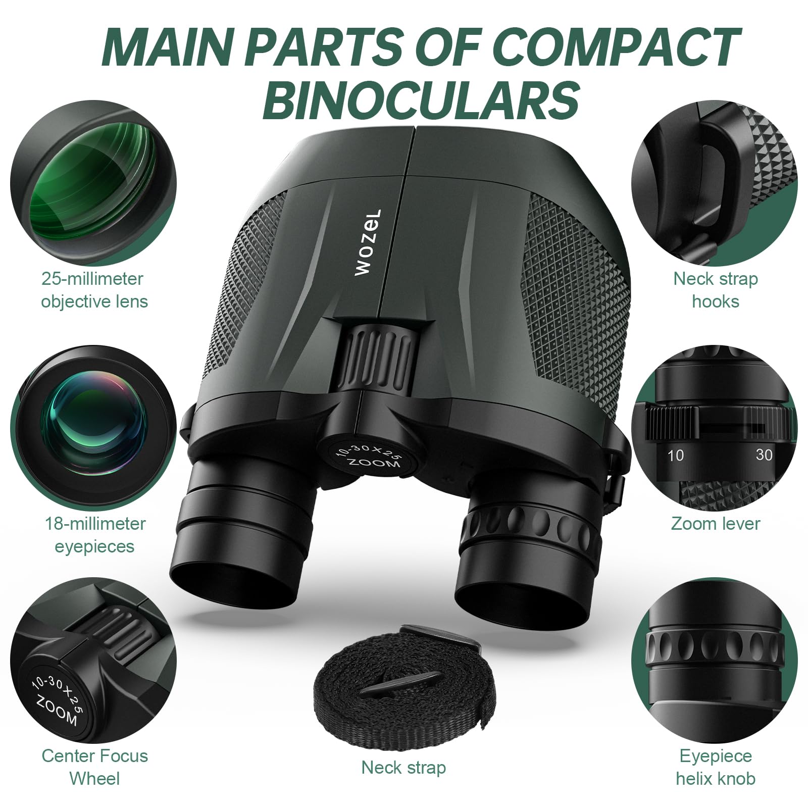 Wozel 10-30X25 Compact Binoculars For Adults Kids - High Powered For Bird Watching Hunting Hiking Travel - Zoom Binoculars With Large & Bright Field Of View, Green
