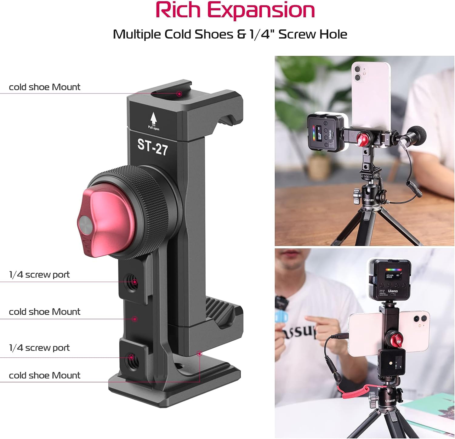 Pictron Metal Phone Tripod Mount 3 Cold Shoes & Arca Port, 360° Smartphone Tripod Adapter For Iphone Samsung Cell Phone Stand Holder For Desktop Tripod Video Live Streaming Vlogging Rig