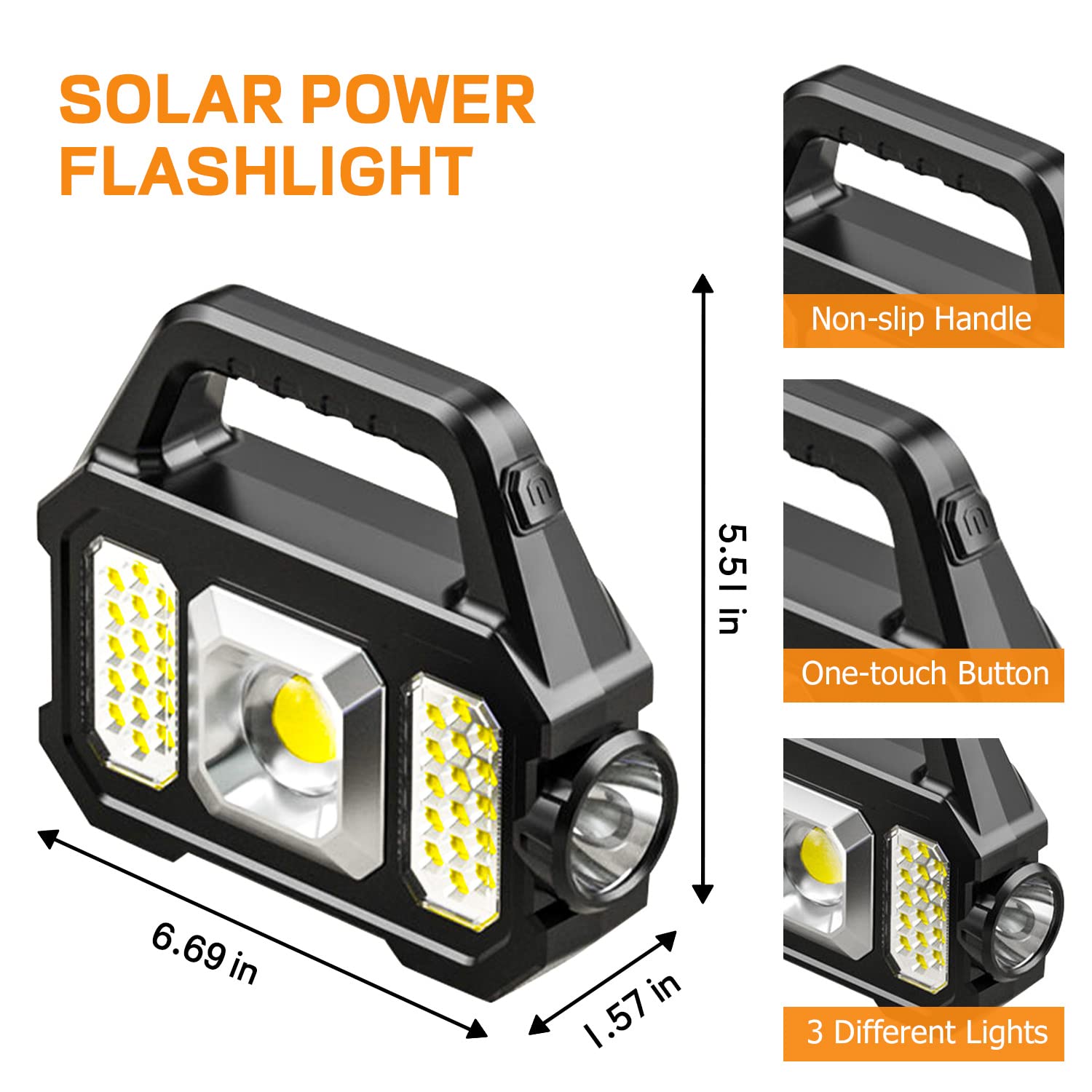 Sjpro Solar Handheld Flashlight With Usb Cable, 6 Modes Rechargeable Multifunction Lights Super Bright Led Searchlight, Lightweight Waterproof Portable Spotlight For Fishing Outdoor Camping Emergencies
