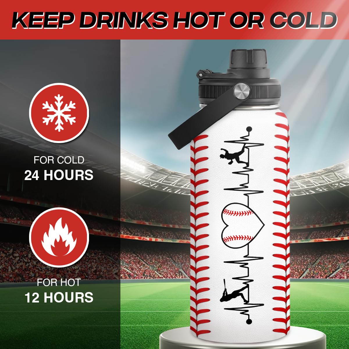 Sandjest Baseball Water Bottle 32Oz Stainless Steel Insulated Bottle For Men, Women